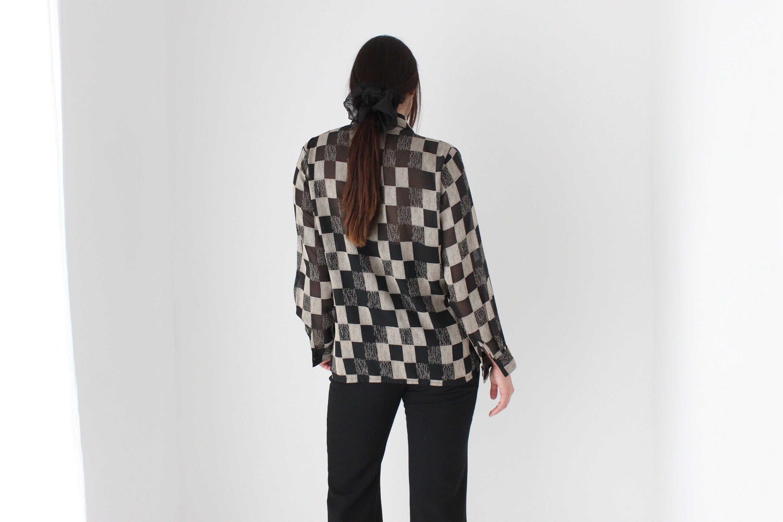 80s Sheer Checkerboard Blouse