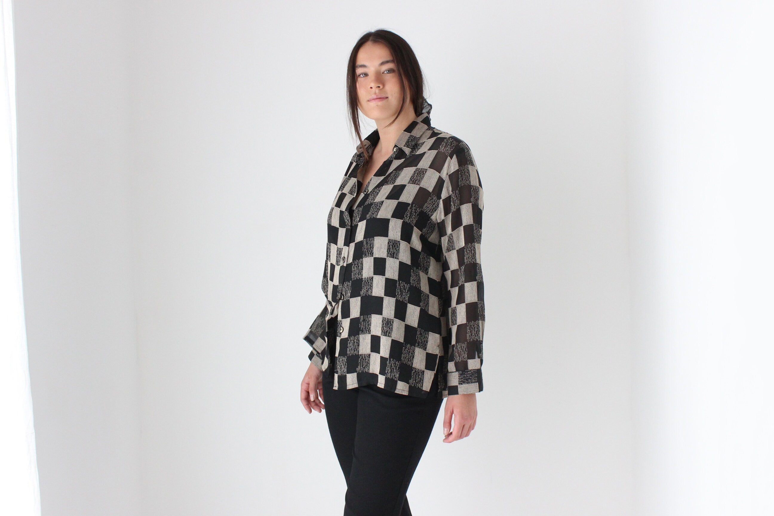 80s Sheer Checkerboard Blouse