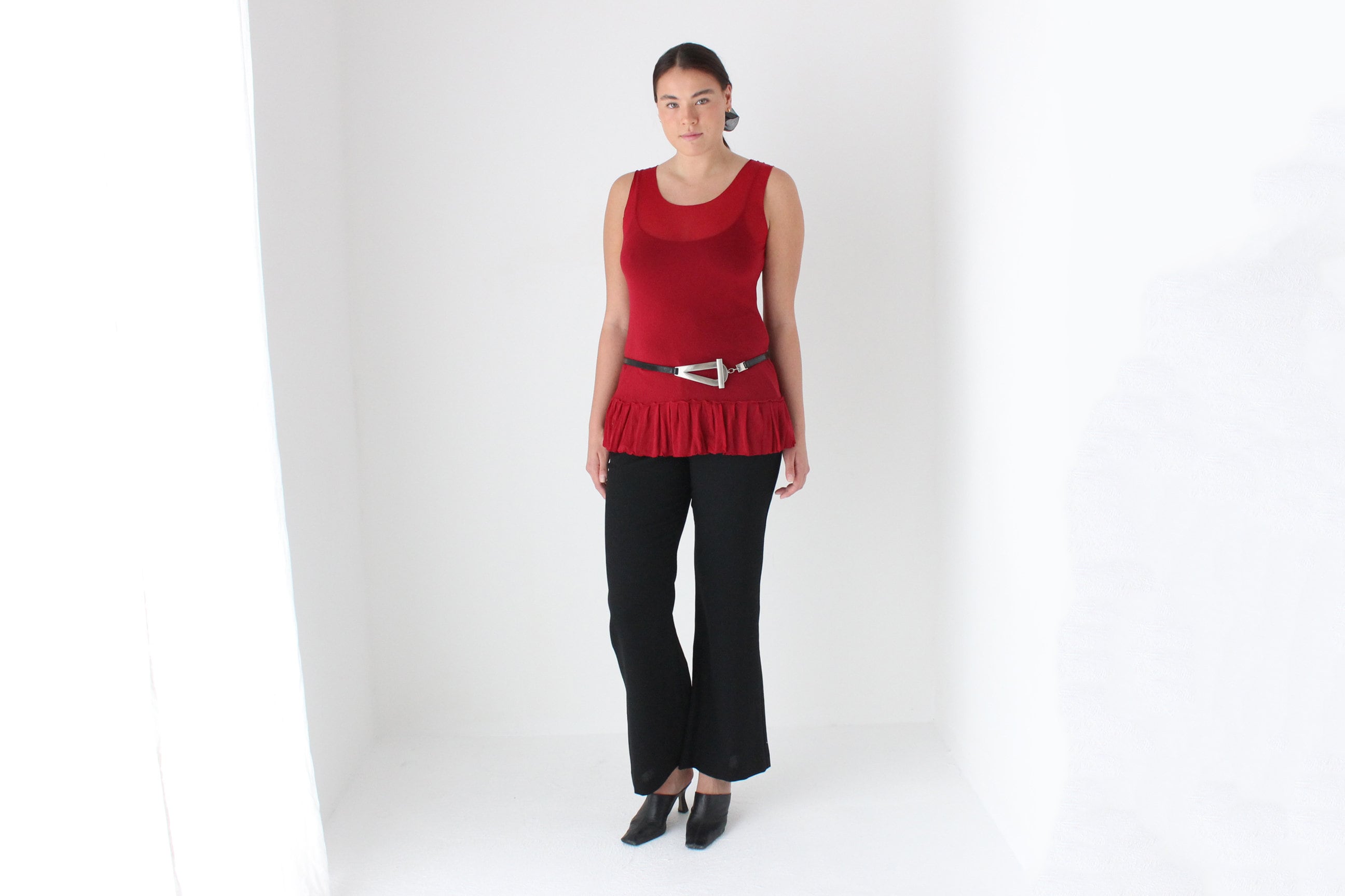 Y2K Funky Red Mesh Scoop Neck Ruffle Top