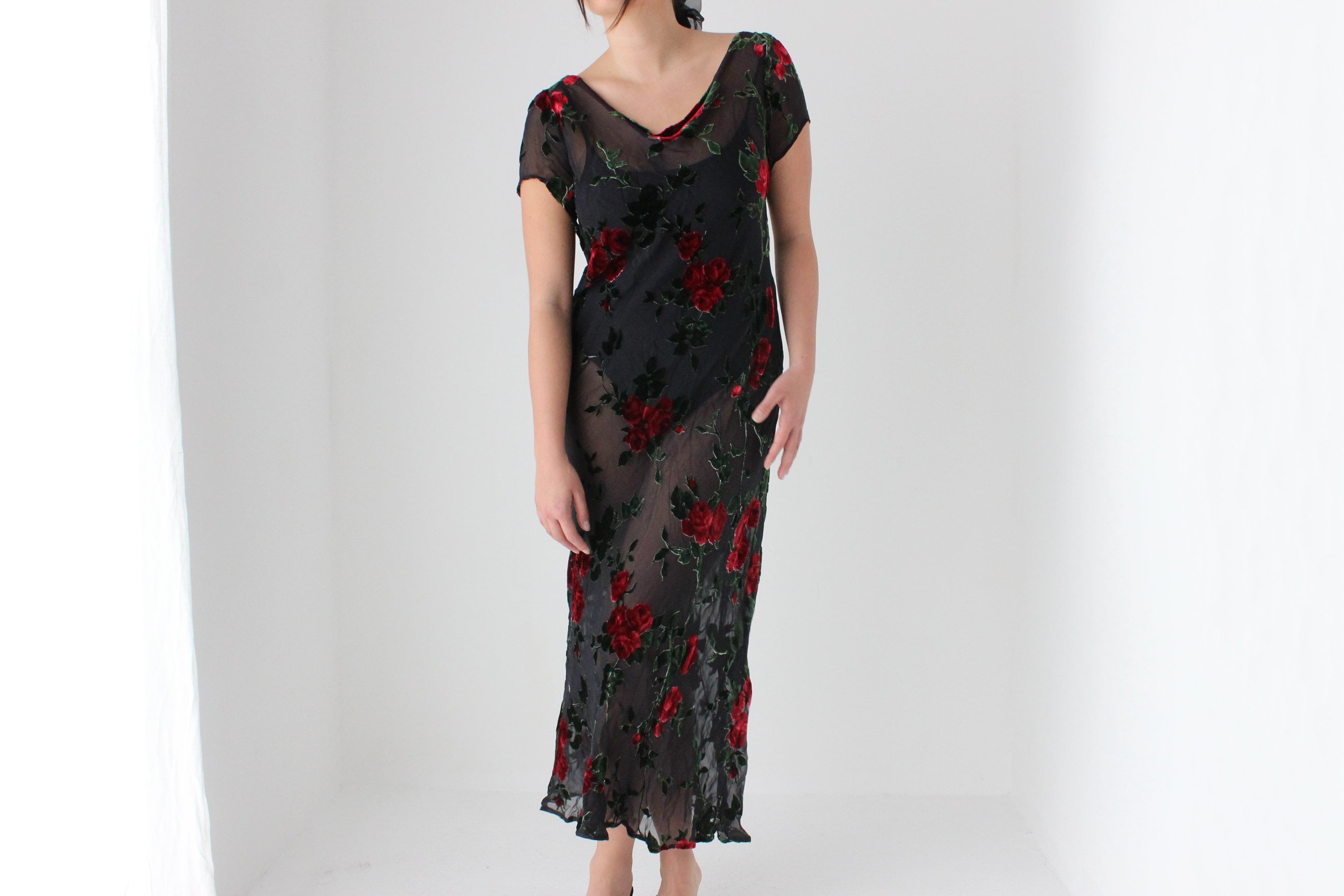 90s Pure Silk Velvet Burnout Red Rose Bias Cowl Neck Dress