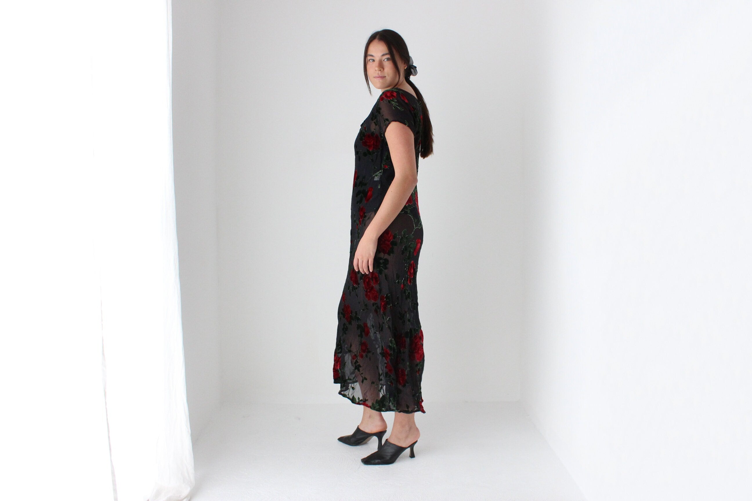 90s Pure Silk Velvet Burnout Red Rose Bias Cowl Neck Dress