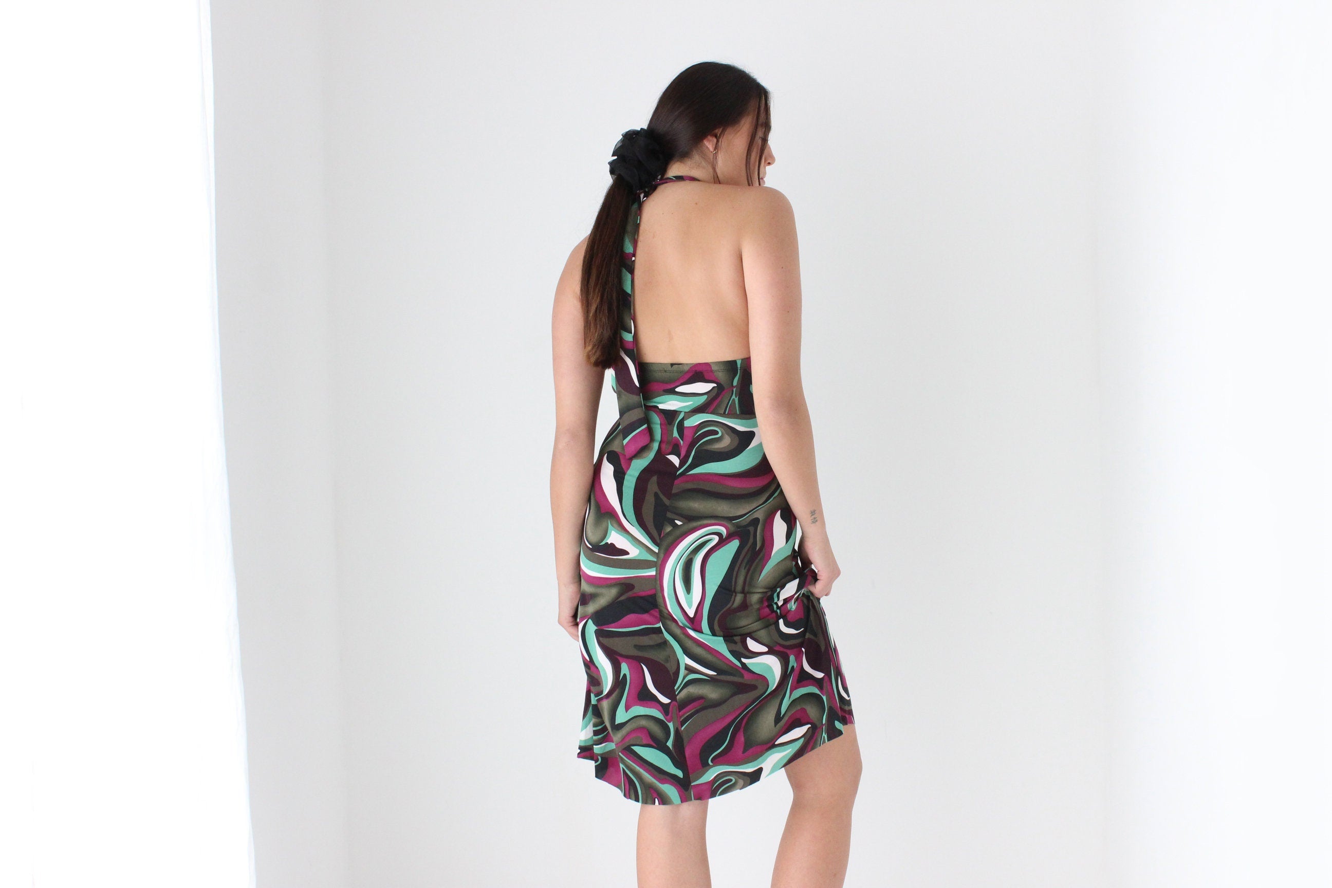 Y2K Slinky Swirly Halter Dress