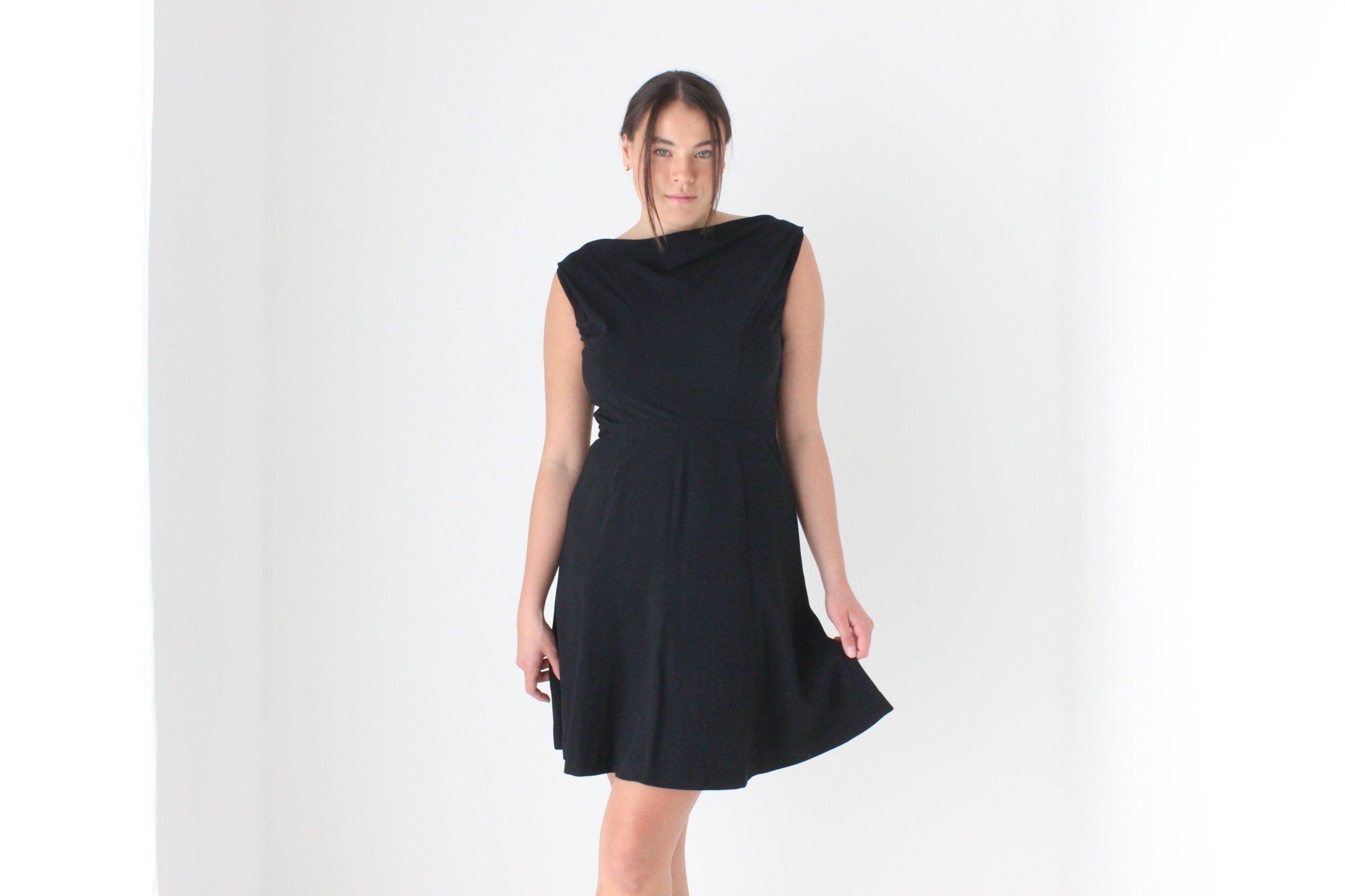 60s Black Crepe Bateau Neckline Simple & Chic LBD