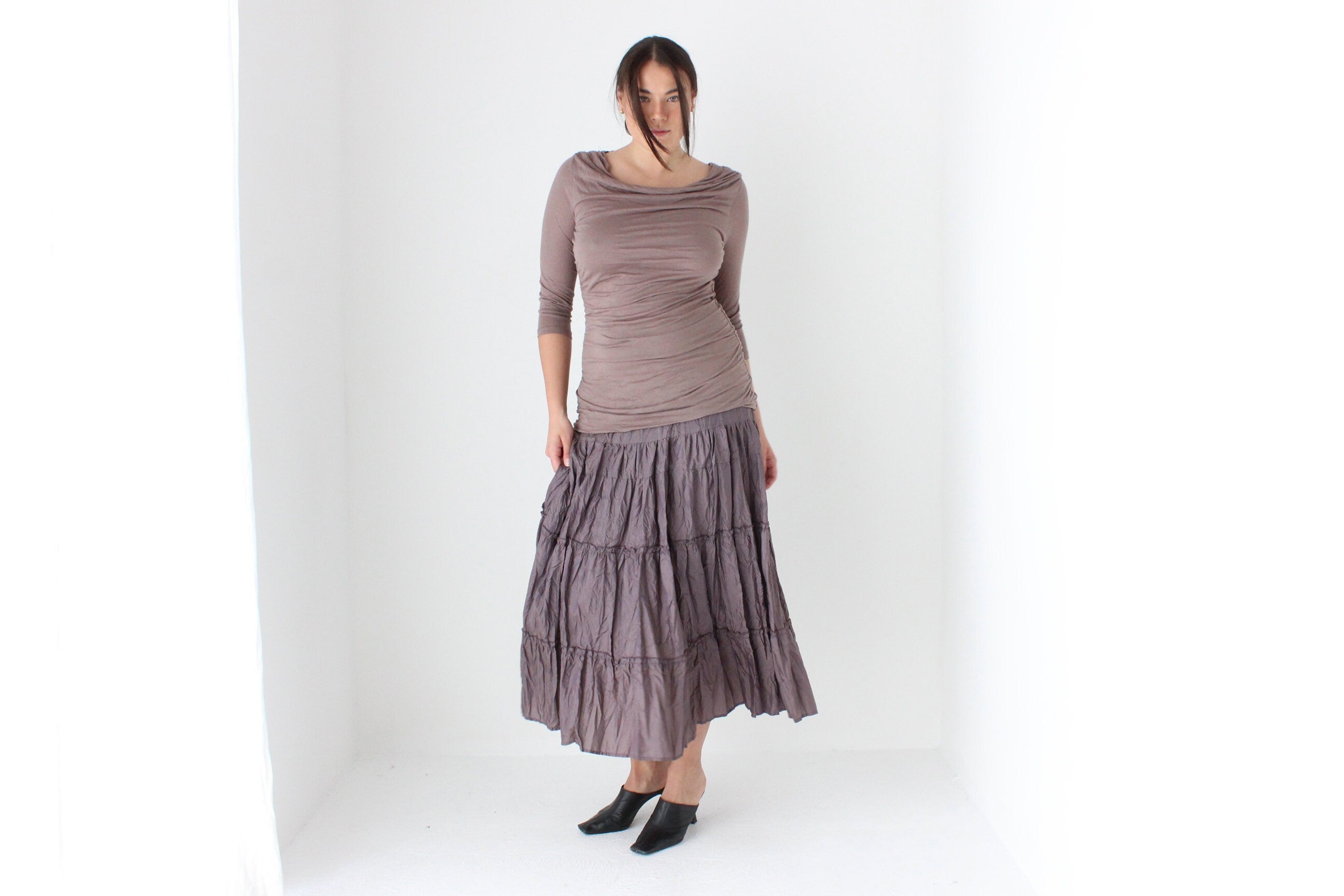 Y2K Slinky Jersey Draped & Gathered Neutral Mauve Top