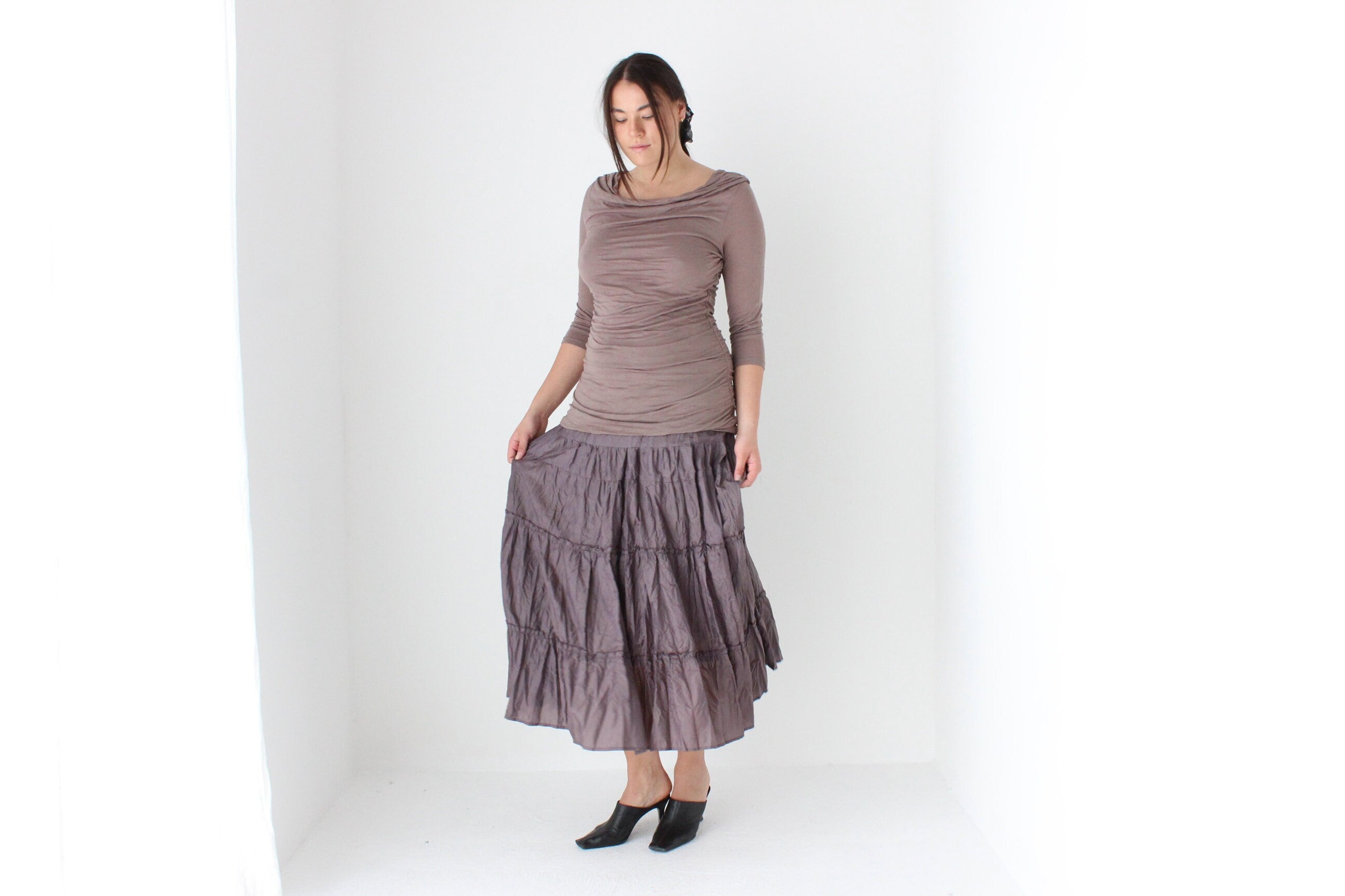 Y2K Slinky Jersey Draped & Gathered Neutral Mauve Top