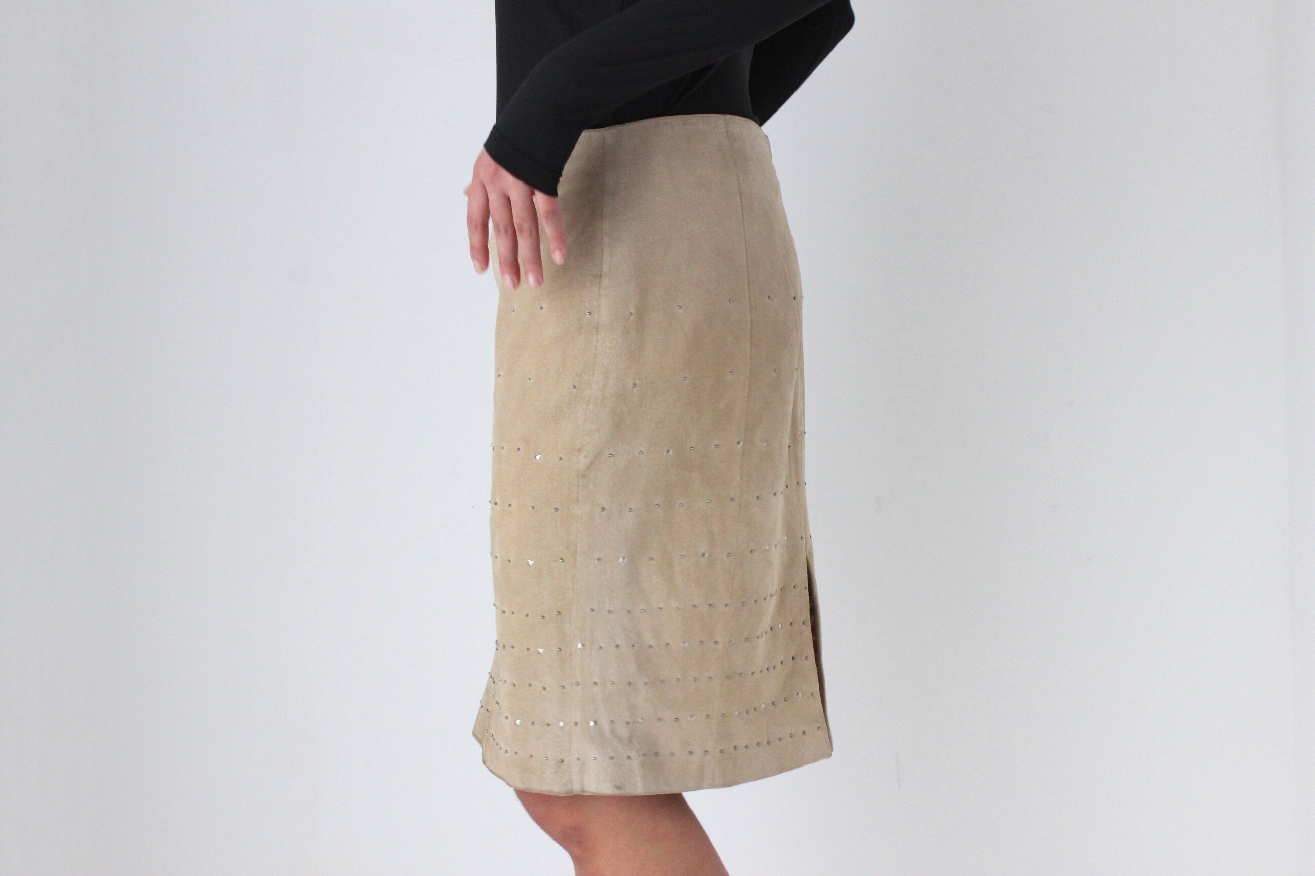 90s Camel Suede Leather Pencil Skirt w/ Studs