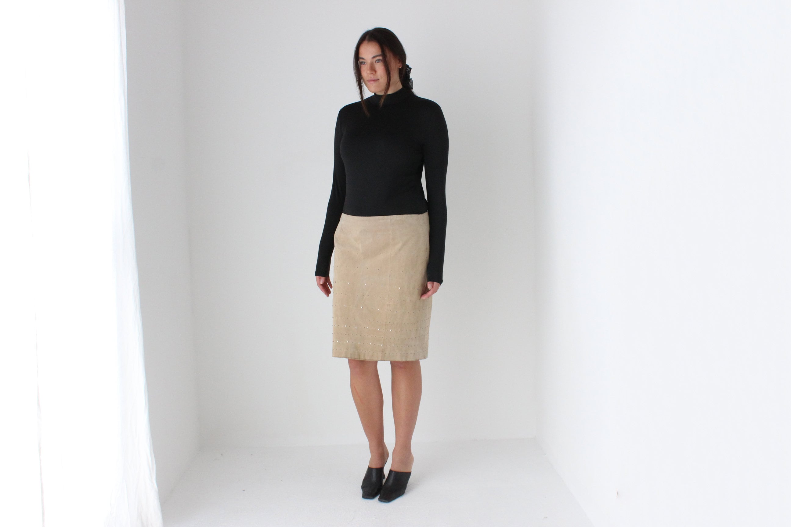 90s Camel Suede Leather Pencil Skirt w/ Studs