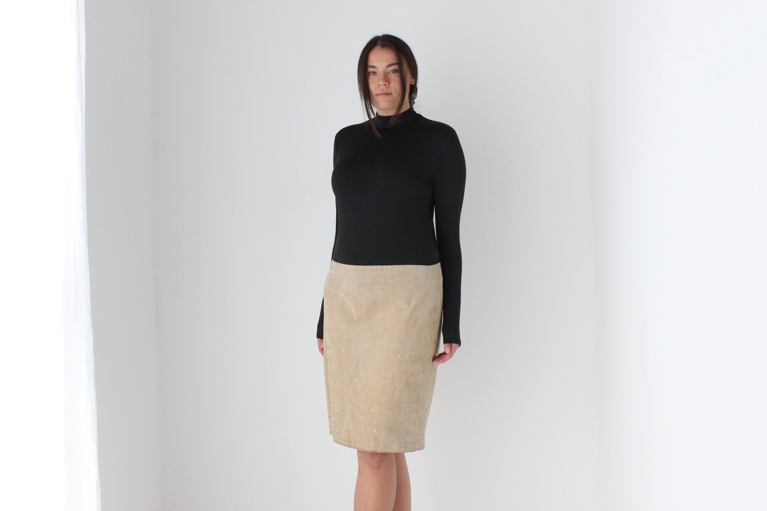 90s Camel Suede Leather Pencil Skirt w/ Studs