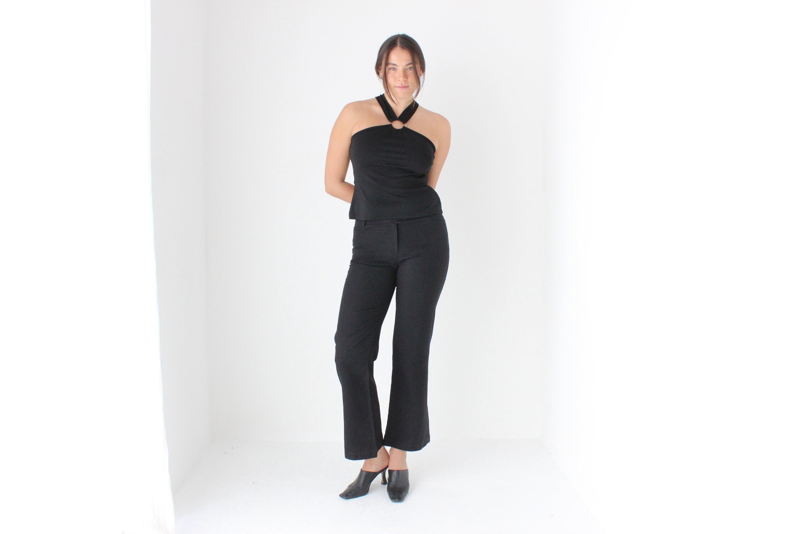 90s 'Blockout' Fitted Black Kick Flare Trousers