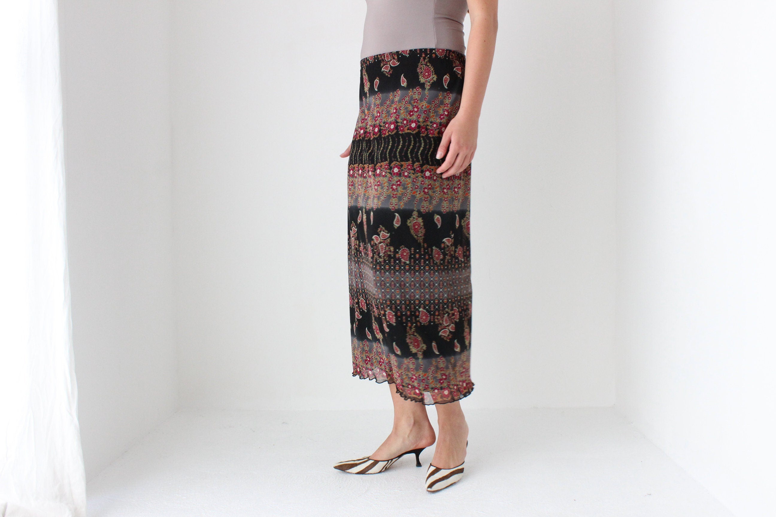 90s Printed Paisley Mesh Slip On Skirt