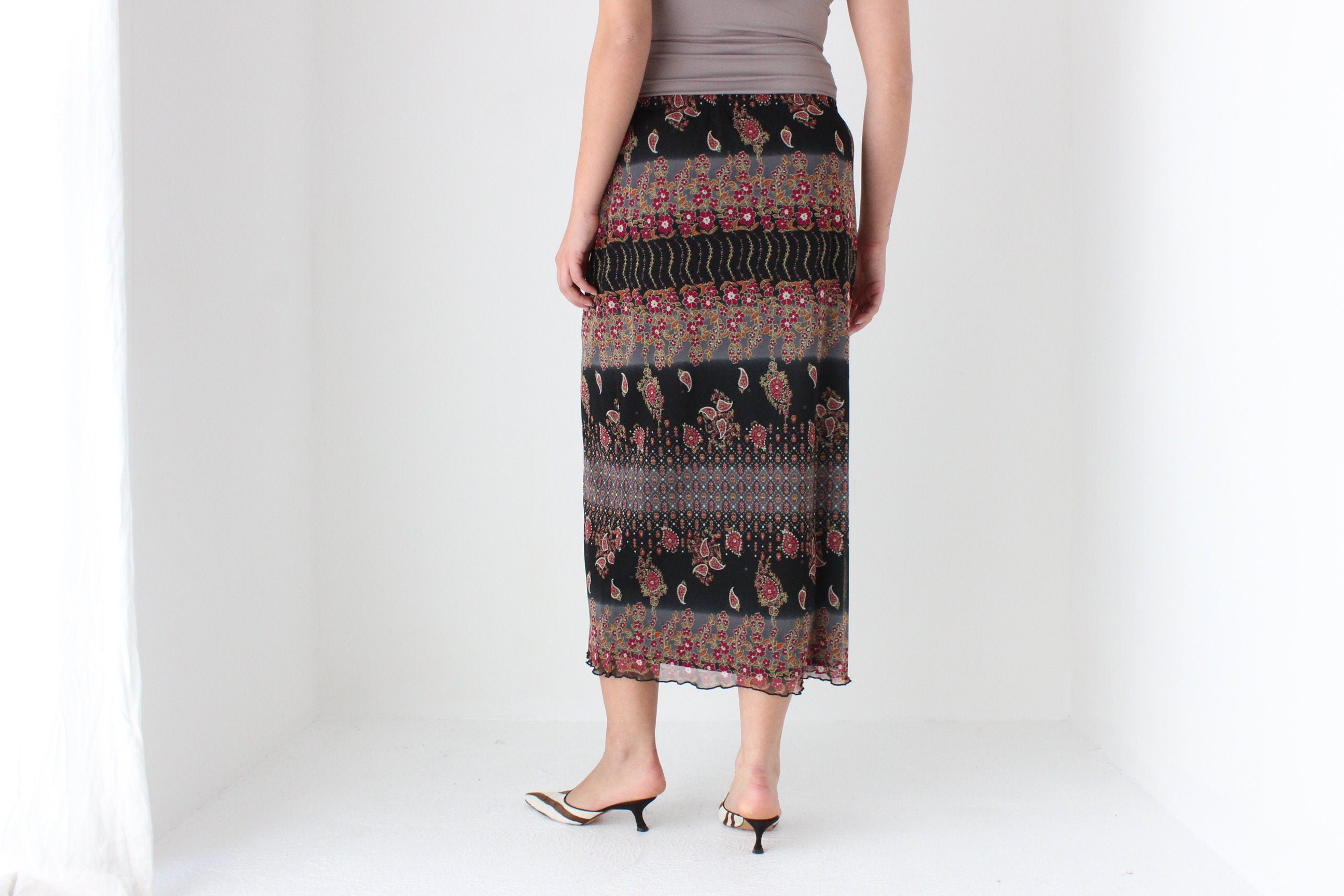 90s Printed Paisley Mesh Slip On Skirt