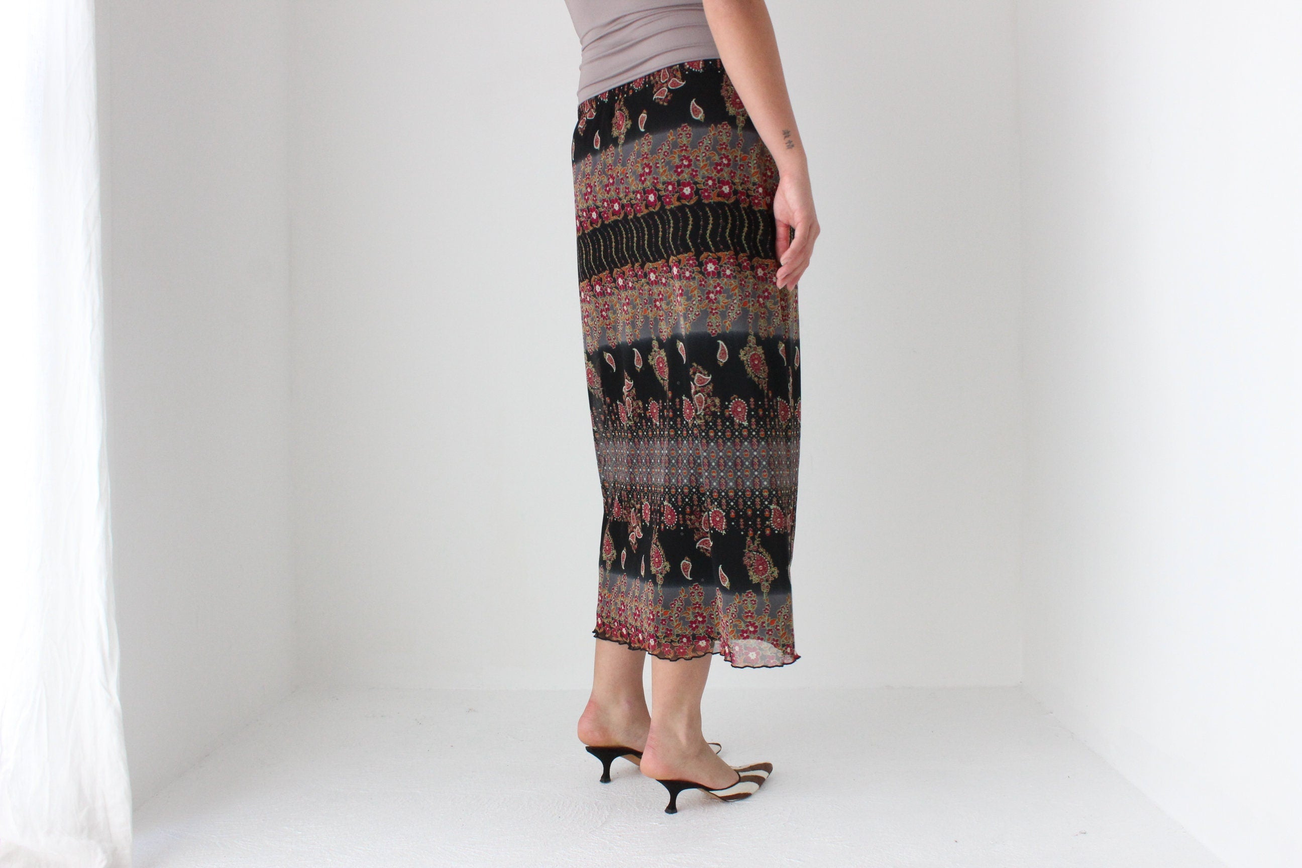 90s Printed Paisley Mesh Slip On Skirt