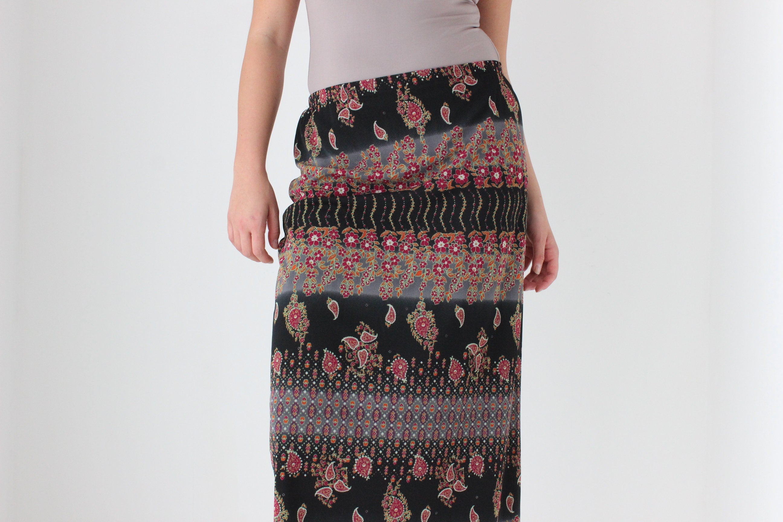 90s Printed Paisley Mesh Slip On Skirt