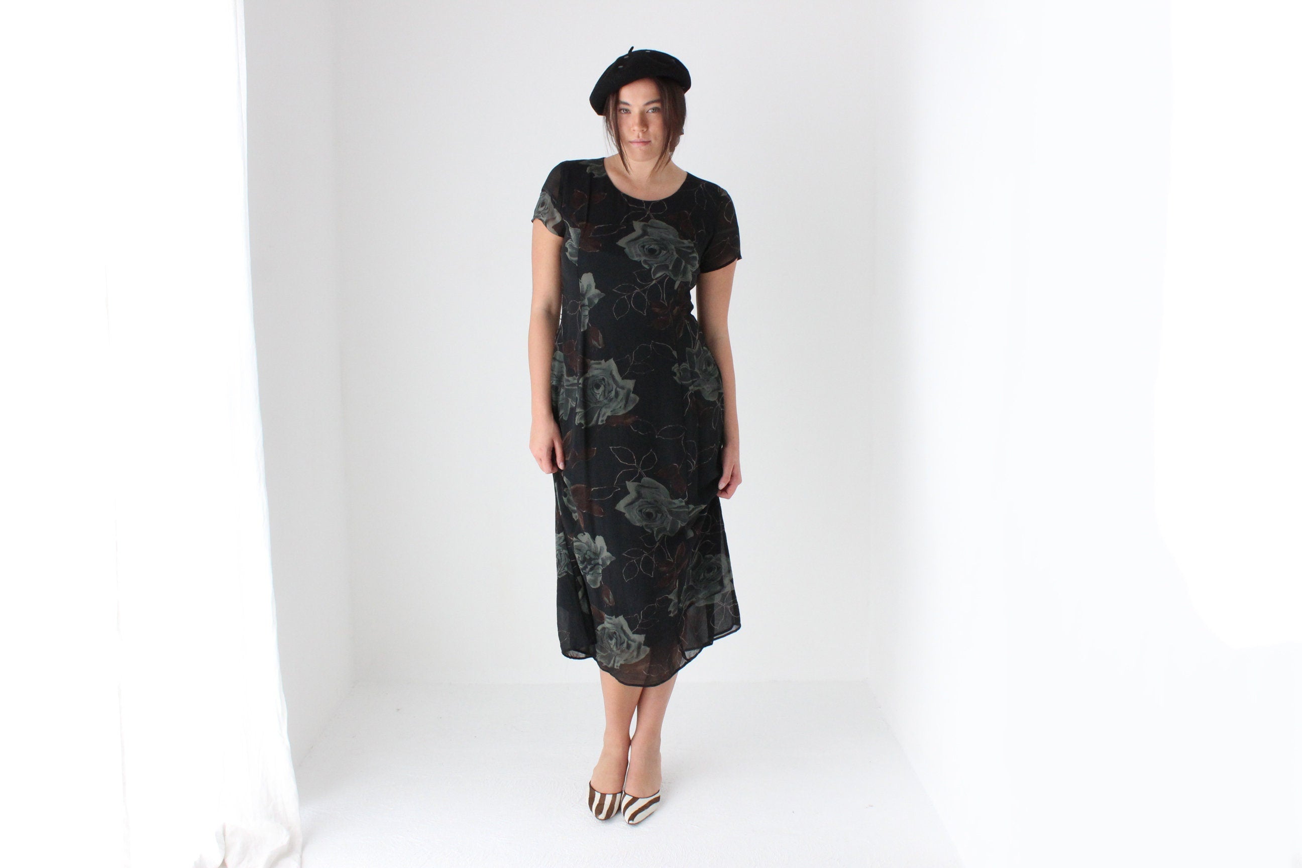 90s Pure Silk Floral Rose Relaxed Tee Dress