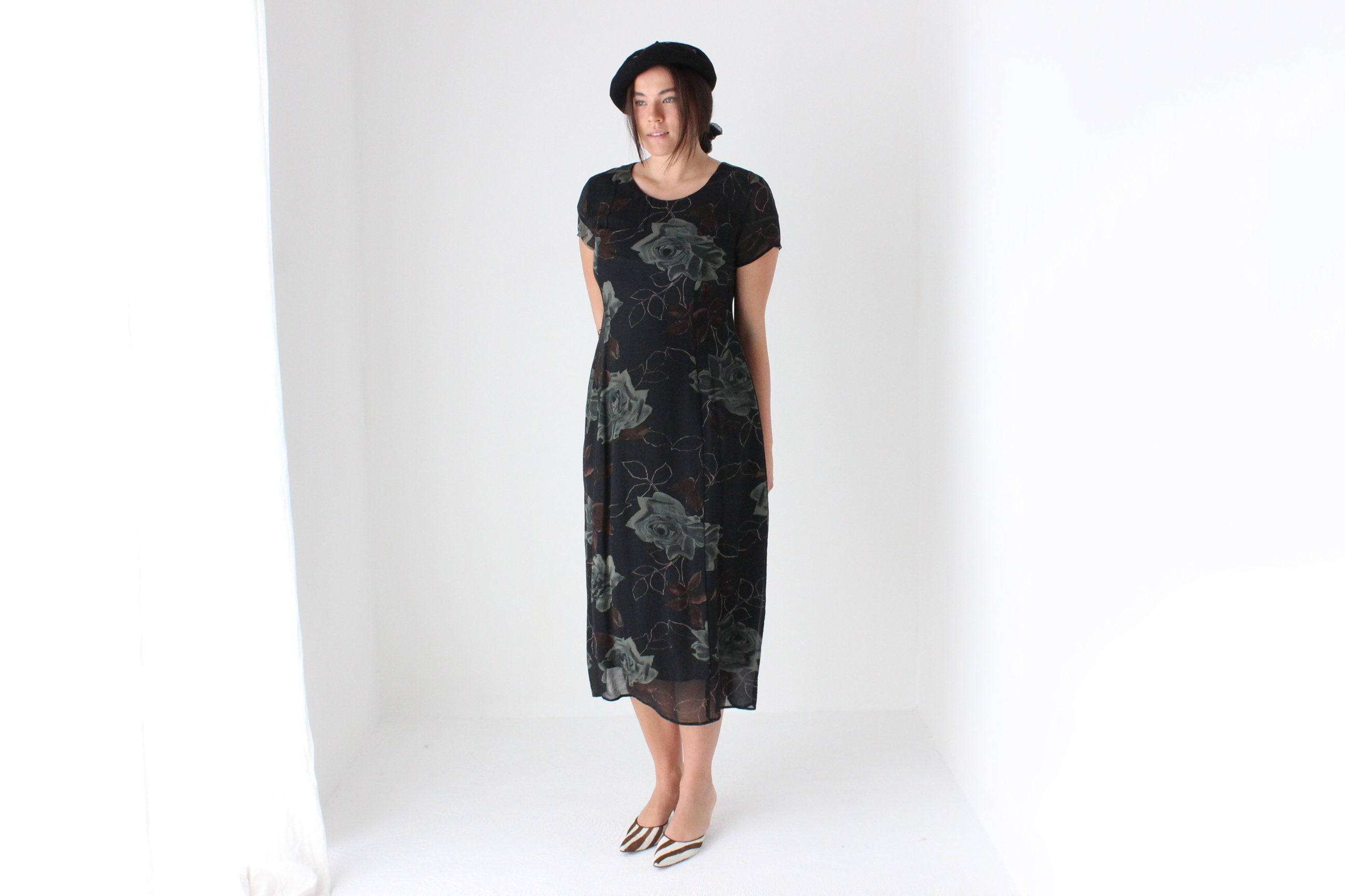 90s Pure Silk Floral Rose Relaxed Tee Dress