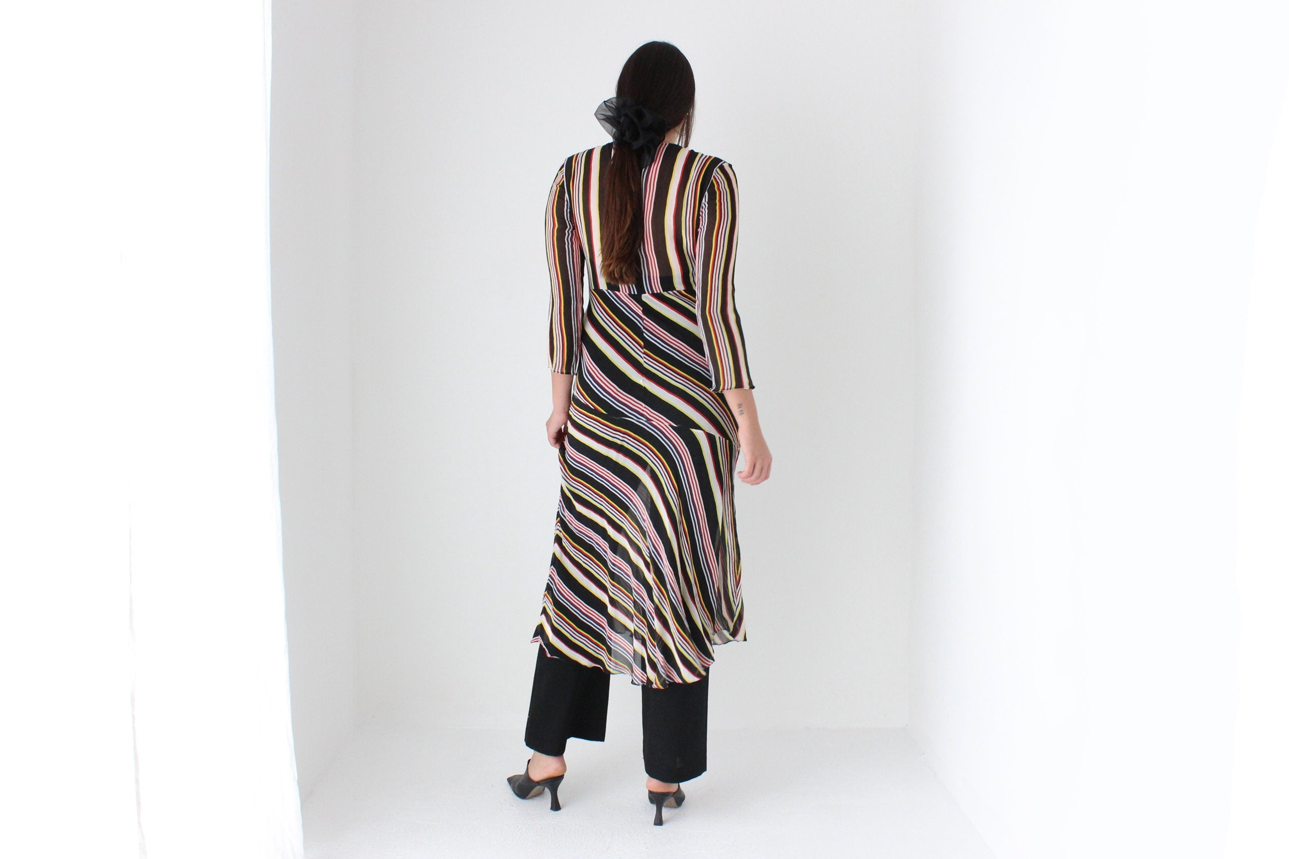 2000s Pure Silk Multi Colour Stripe Bias Long Sleeve Dress