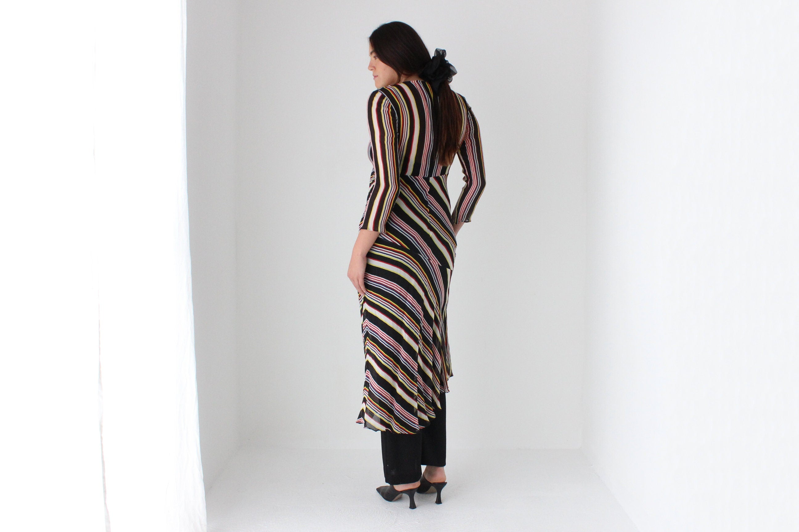 2000s Pure Silk Multi Colour Stripe Bias Long Sleeve Dress