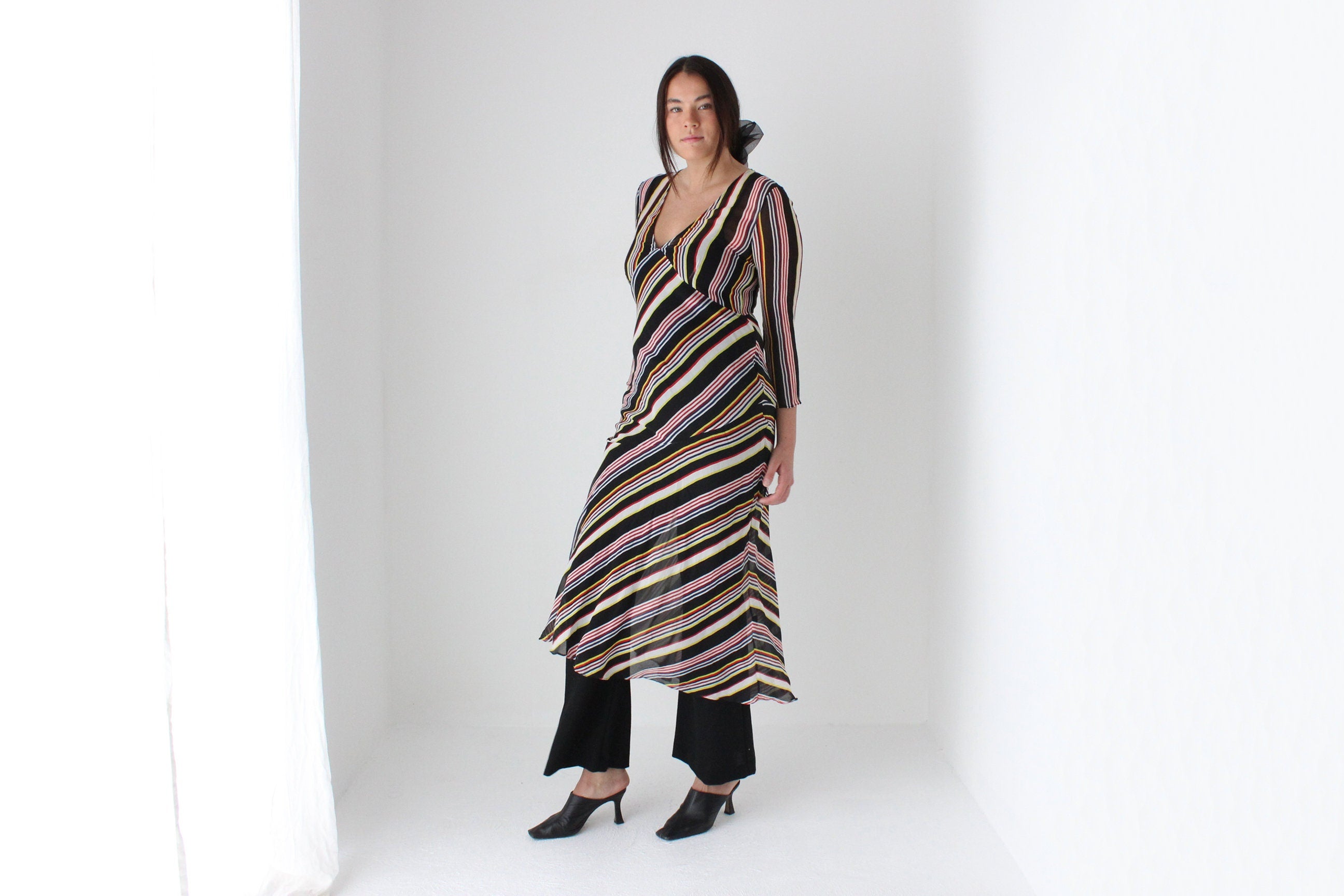 2000s Pure Silk Multi Colour Stripe Bias Long Sleeve Dress