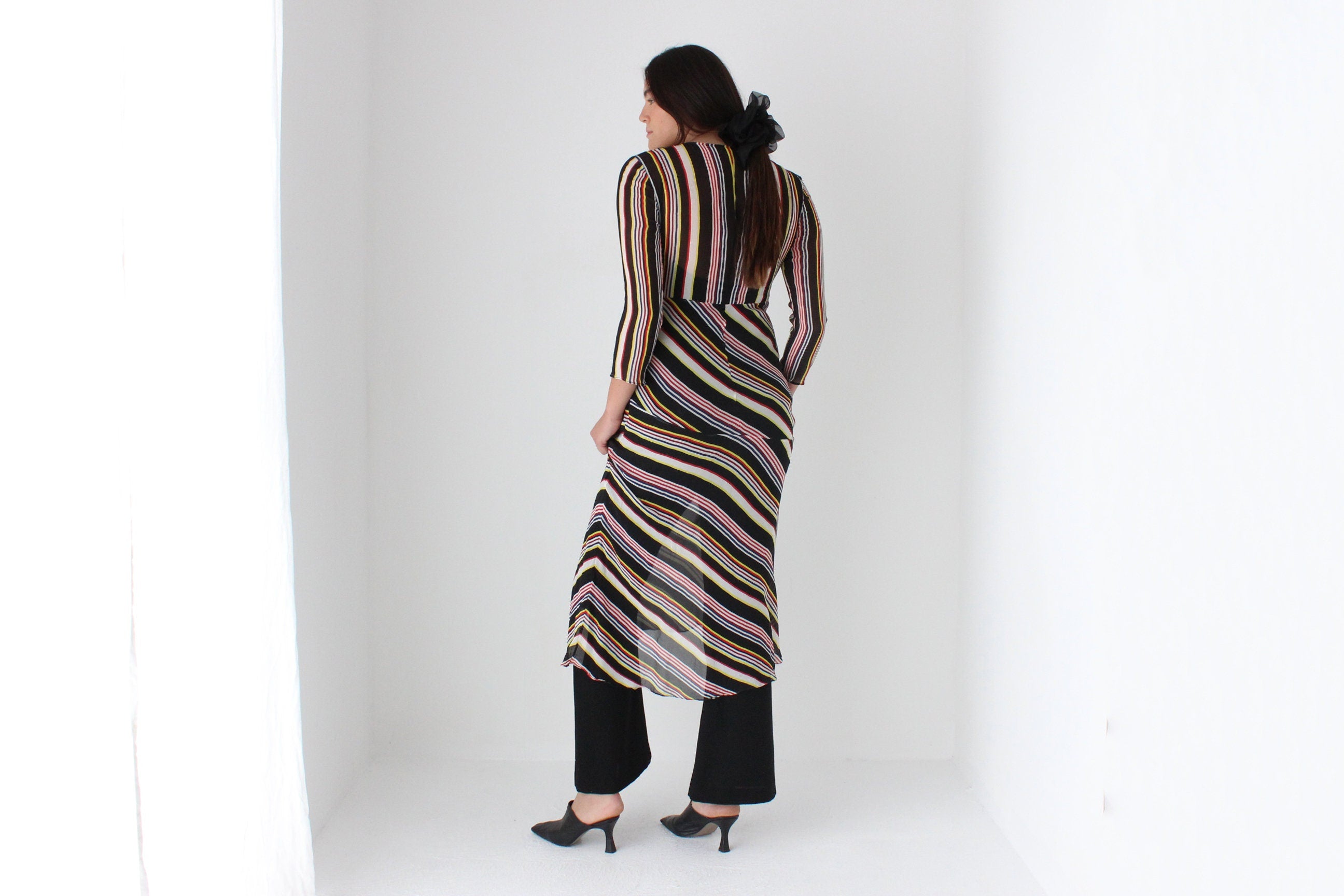 2000s Pure Silk Multi Colour Stripe Bias Long Sleeve Dress