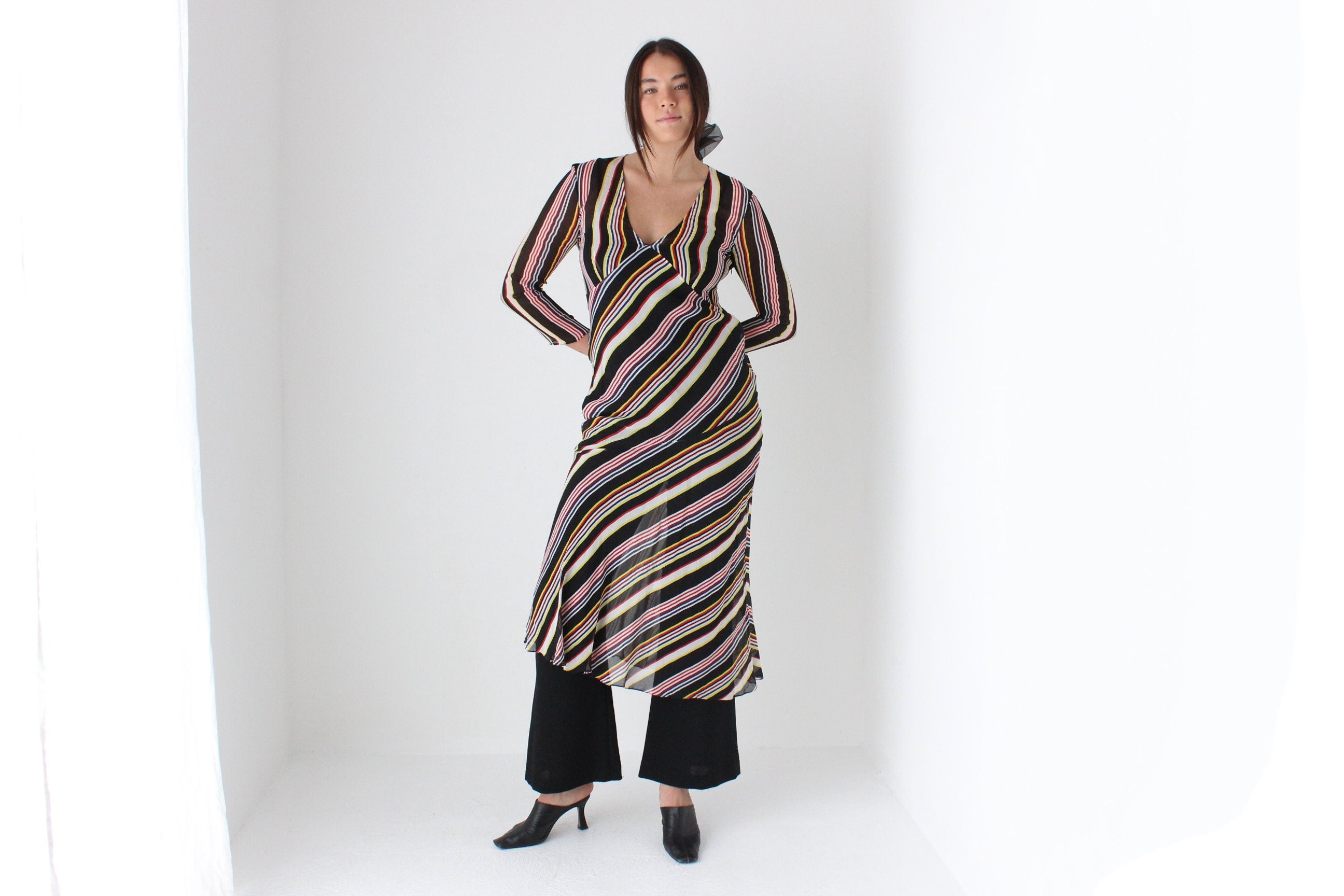 2000s Pure Silk Multi Colour Stripe Bias Long Sleeve Dress