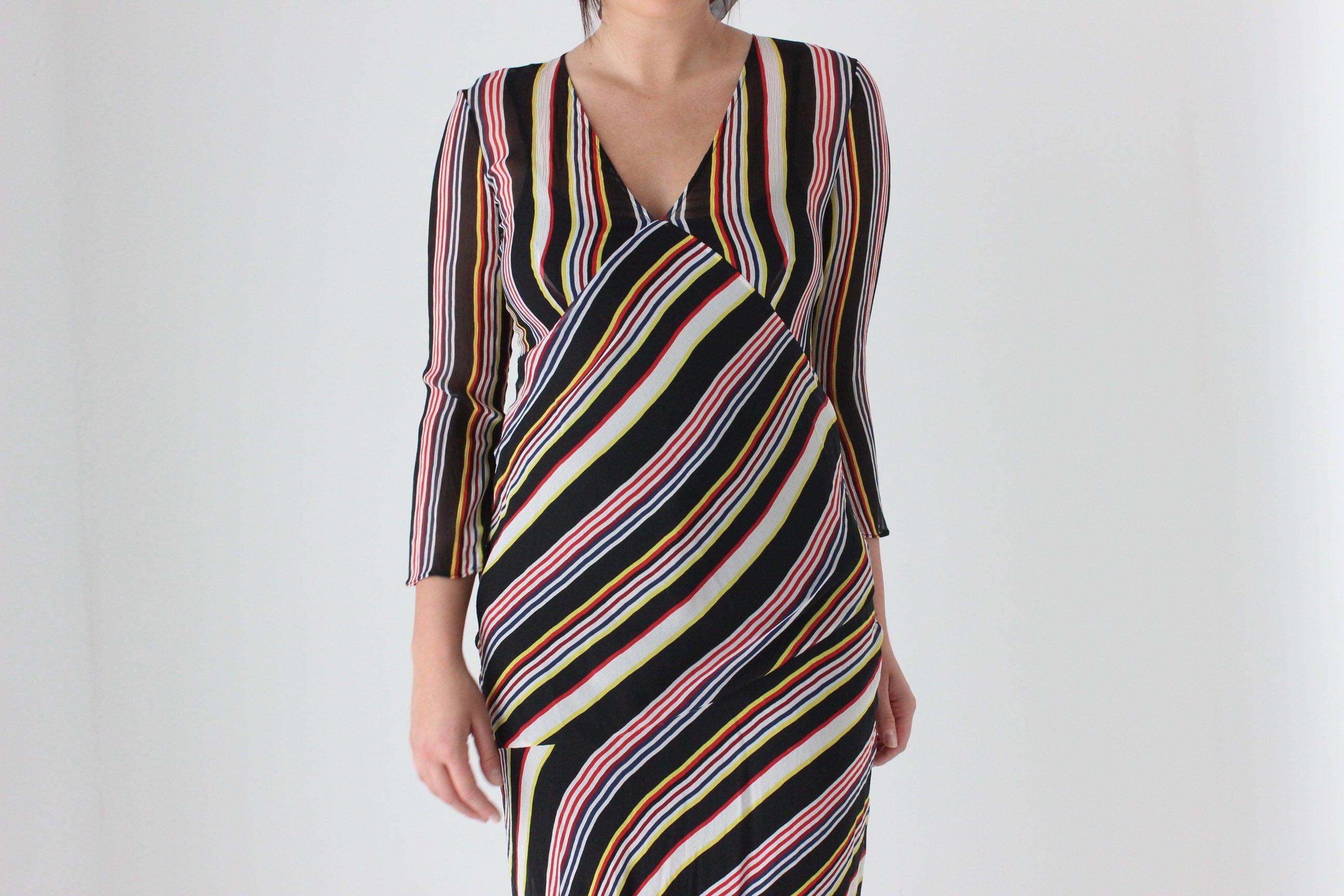 2000s Pure Silk Multi Colour Stripe Bias Long Sleeve Dress