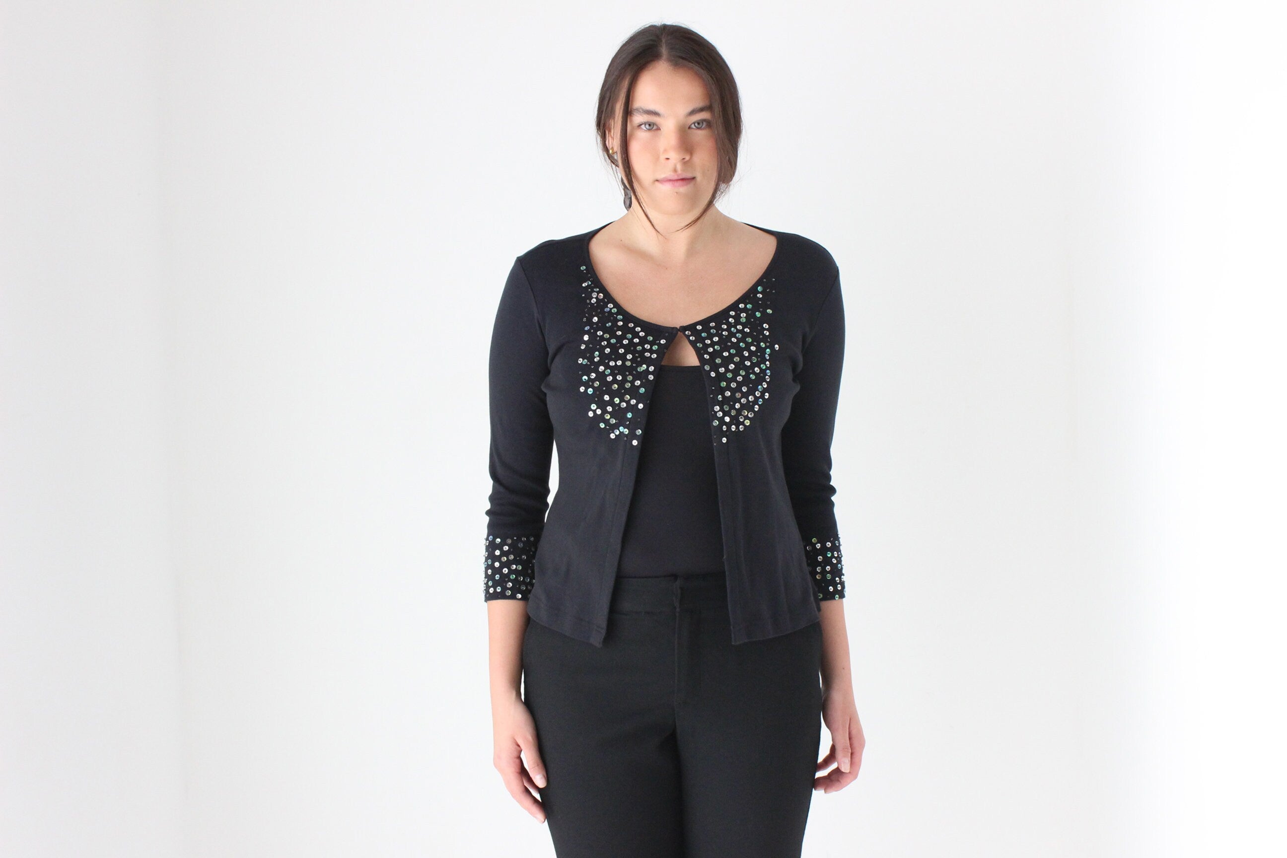 80s Stretch Cotton & Sequin Cardigan Top