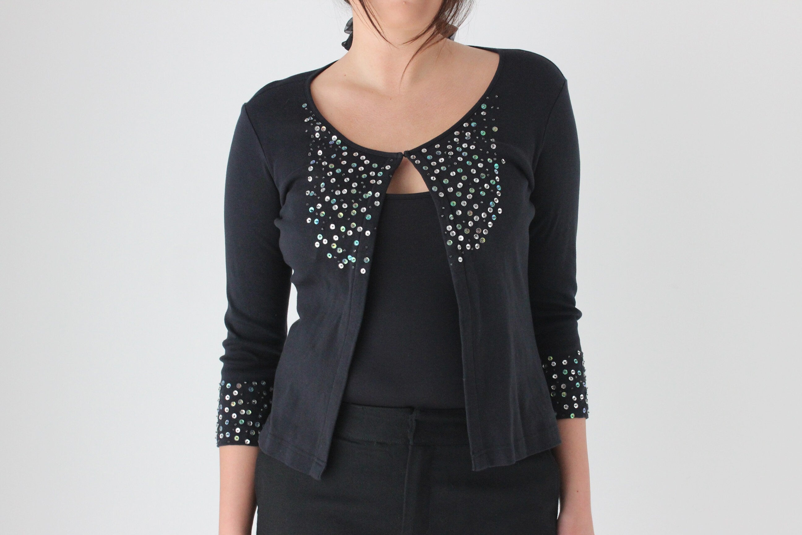 80s Stretch Cotton & Sequin Cardigan Top