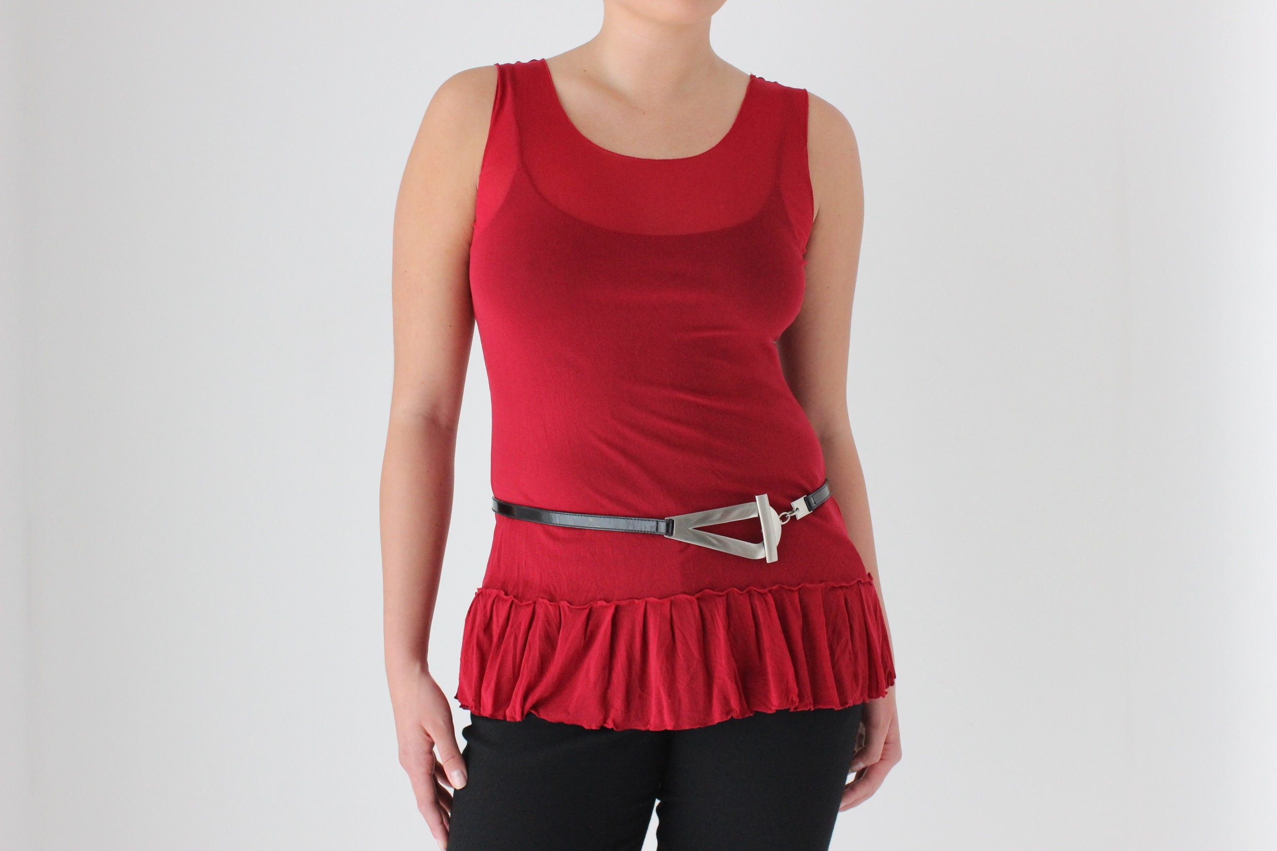 Y2K Funky Red Mesh Scoop Neck Ruffle Top