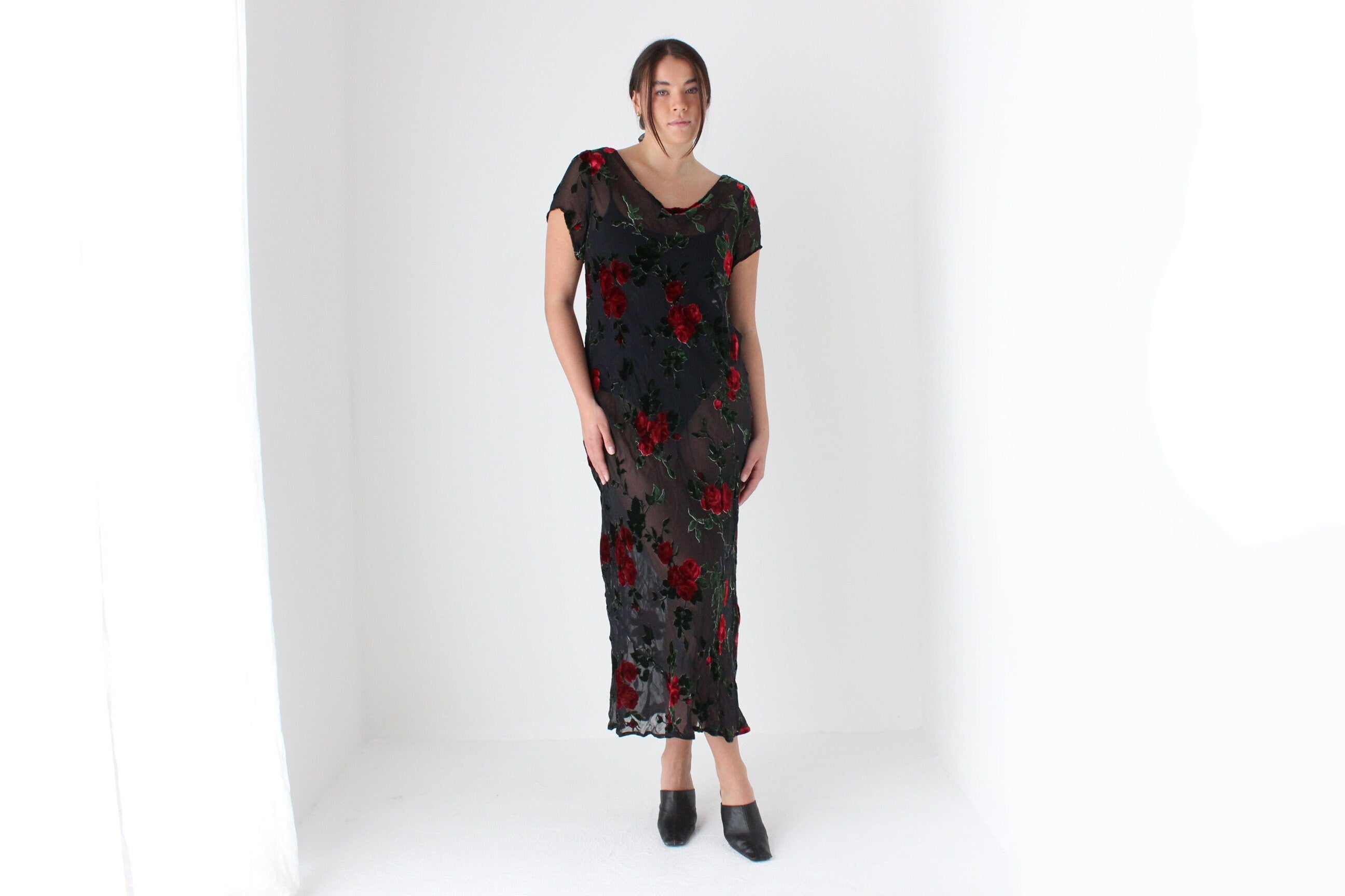 90s Pure Silk Velvet Burnout Red Rose Bias Cowl Neck Dress