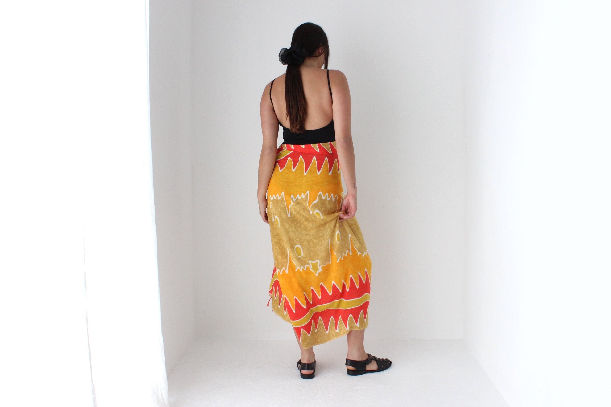 90s Batik Flame Art Rayon Sarong Skirt