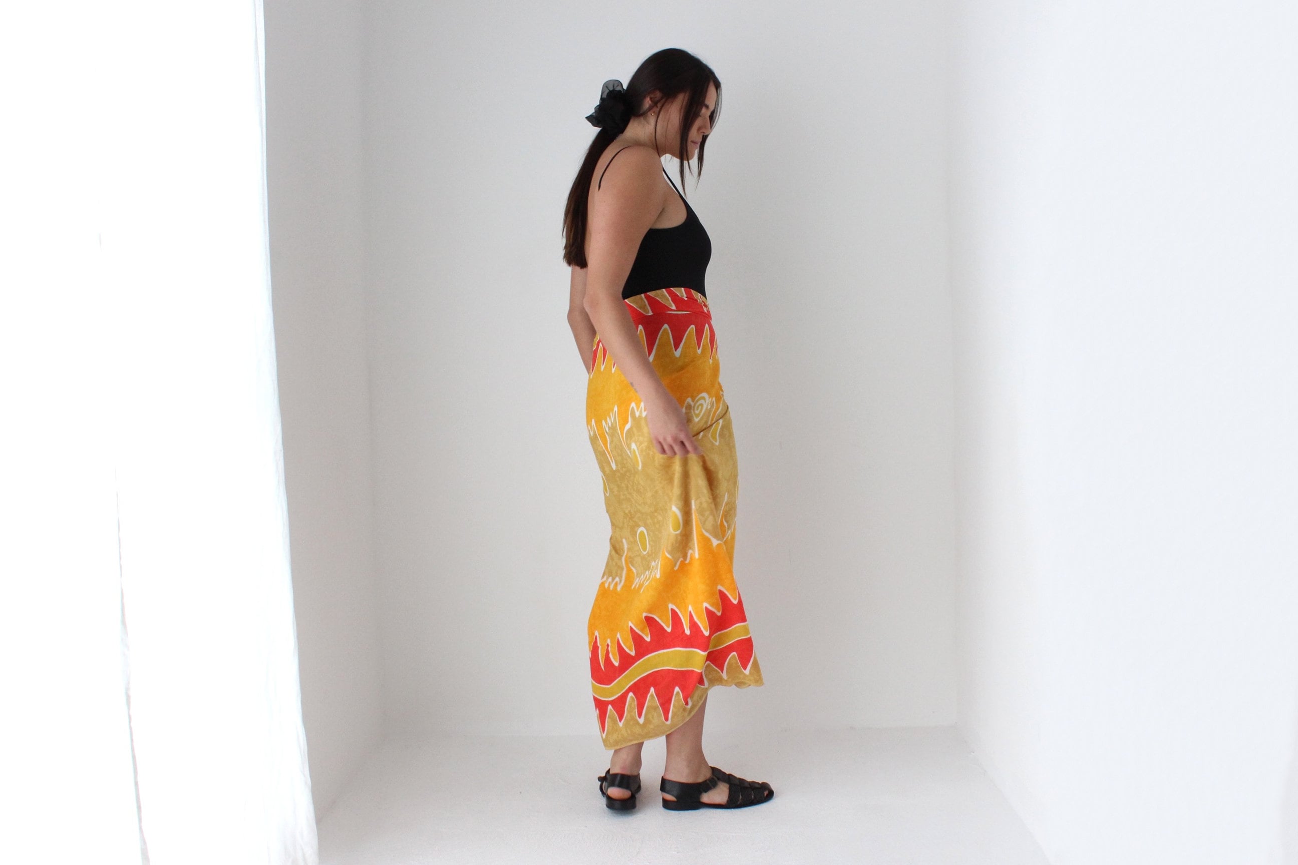 90s Batik Flame Art Rayon Sarong Skirt