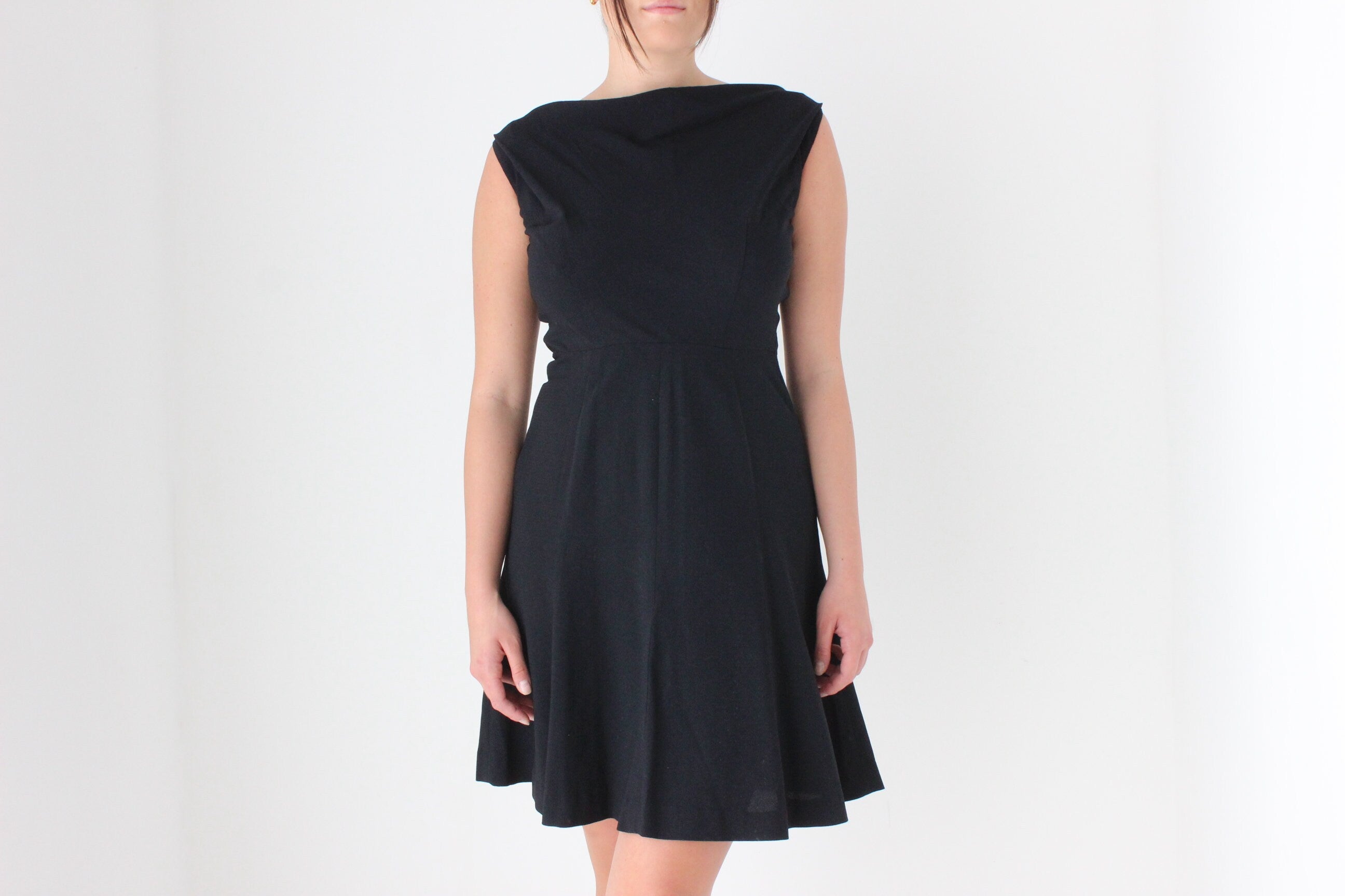 60s Black Crepe Bateau Neckline Simple & Chic LBD