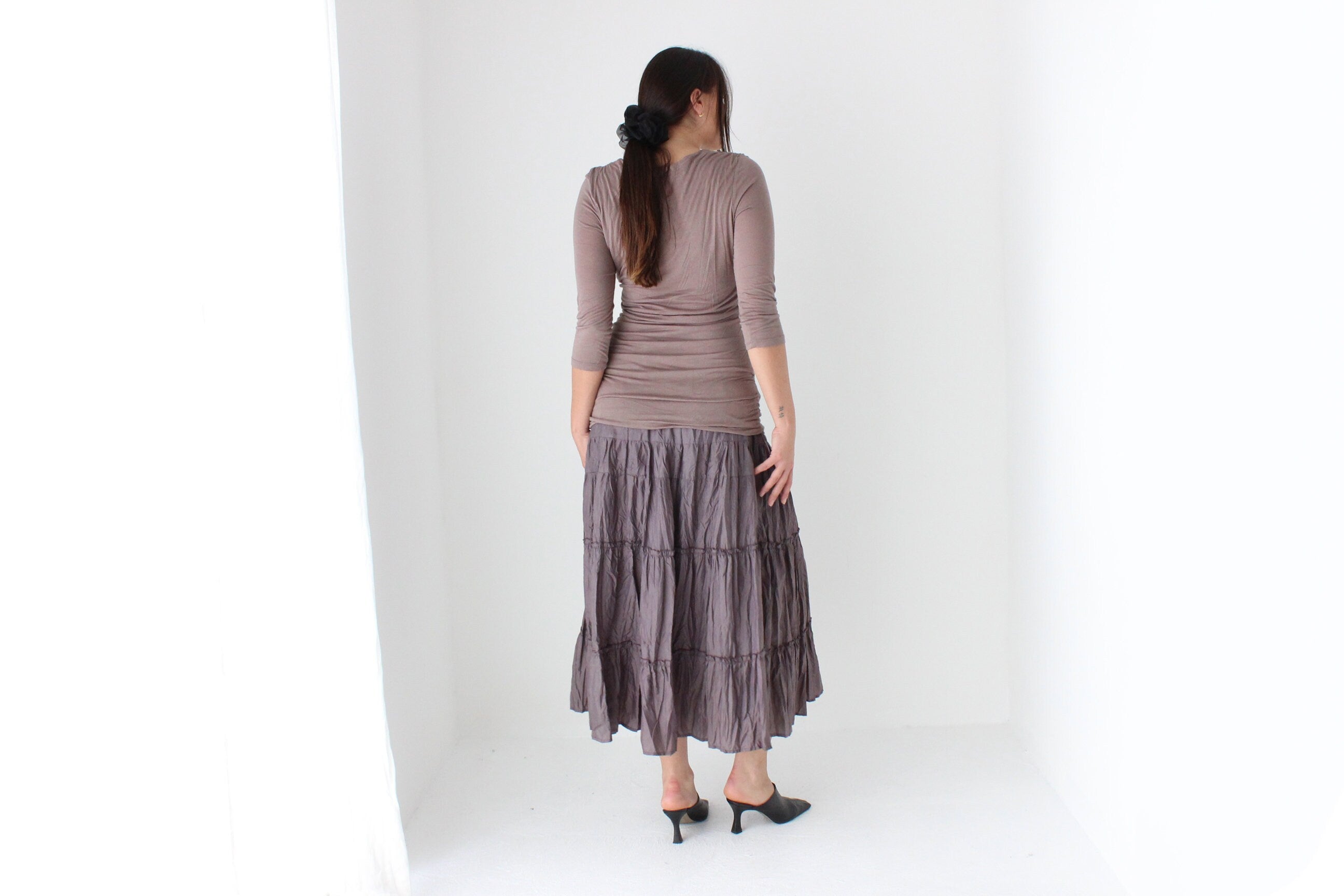 Y2K Slinky Jersey Draped & Gathered Neutral Mauve Top