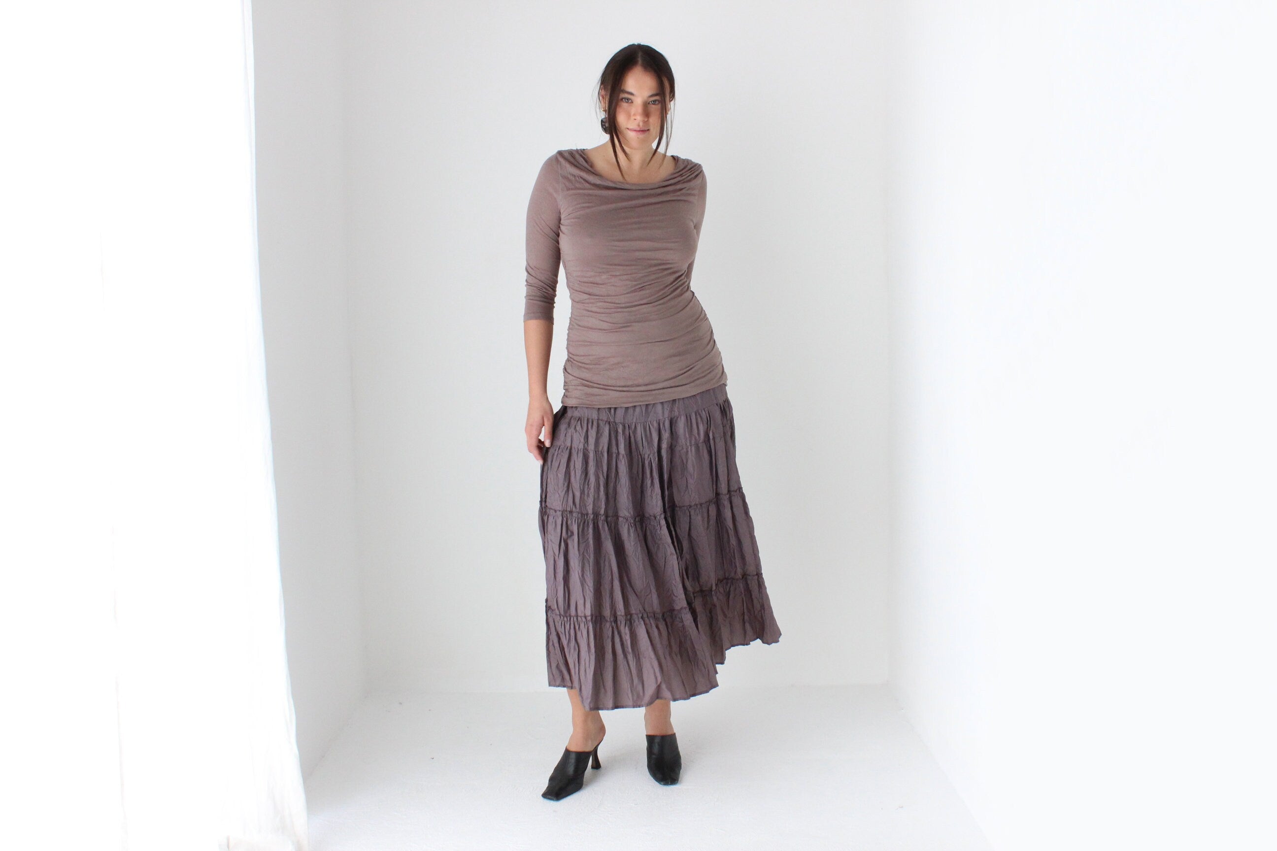 Y2K Slinky Jersey Draped & Gathered Neutral Mauve Top