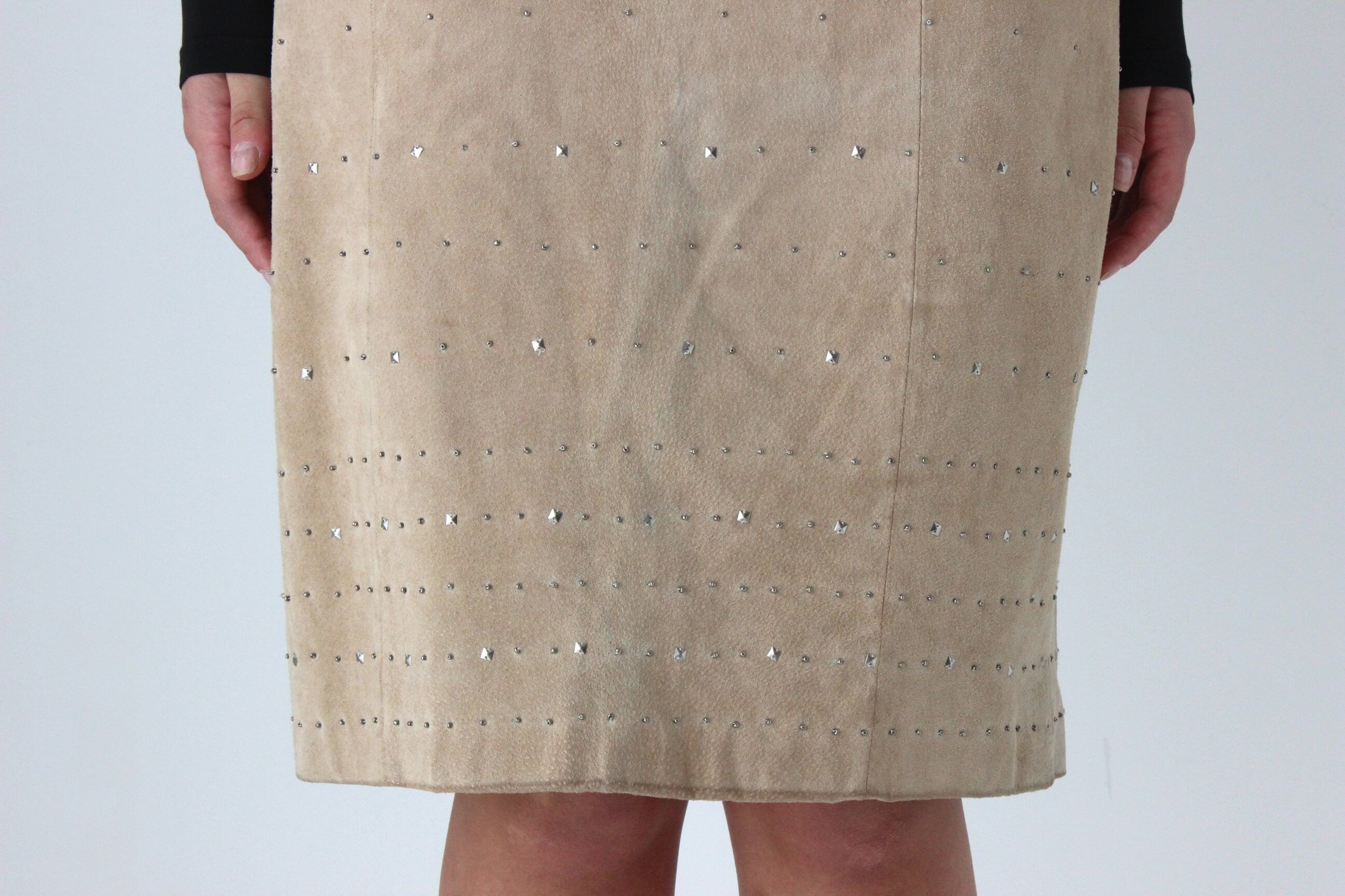 90s Camel Suede Leather Pencil Skirt w/ Studs