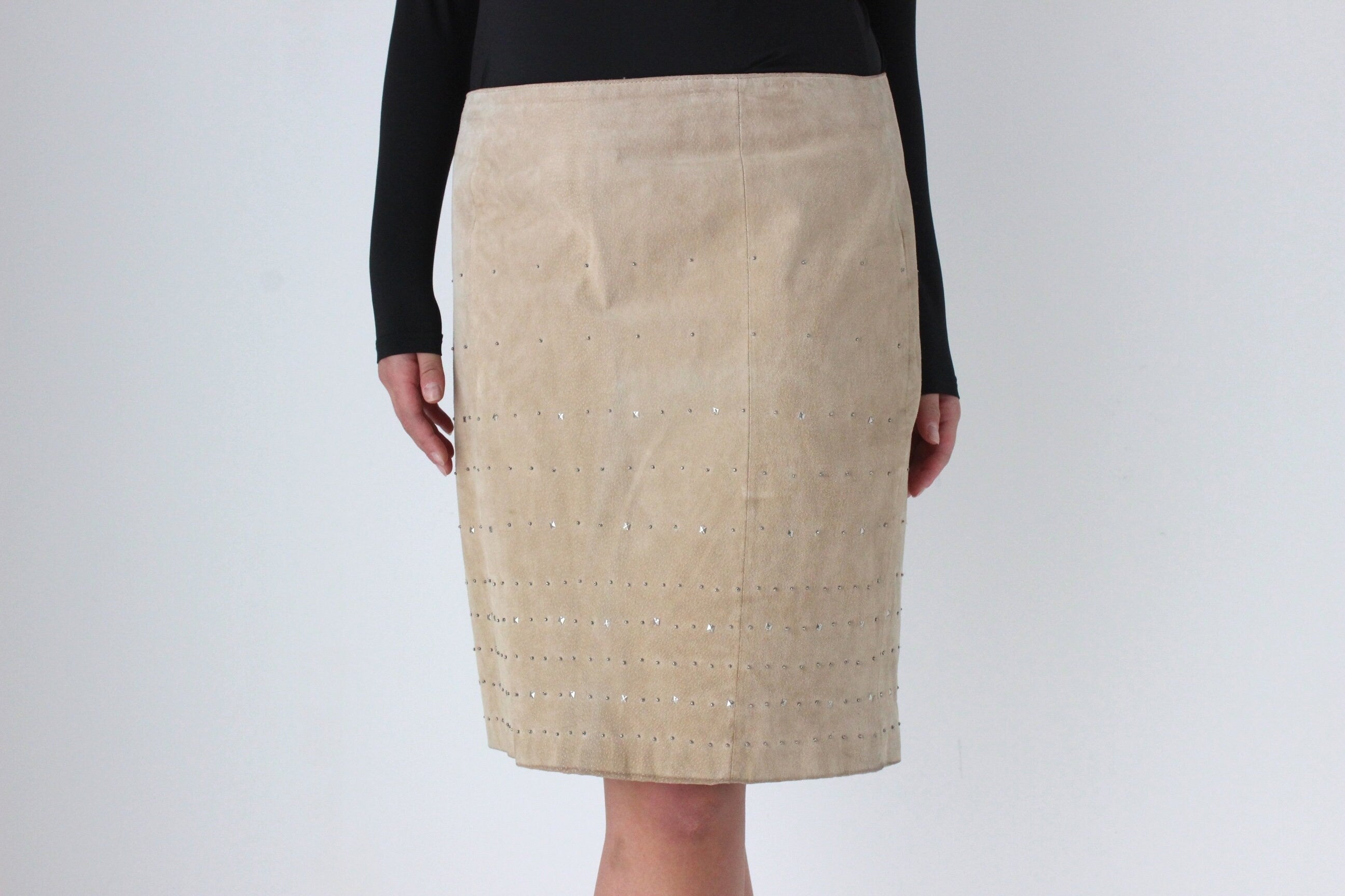 90s Camel Suede Leather Pencil Skirt w/ Studs