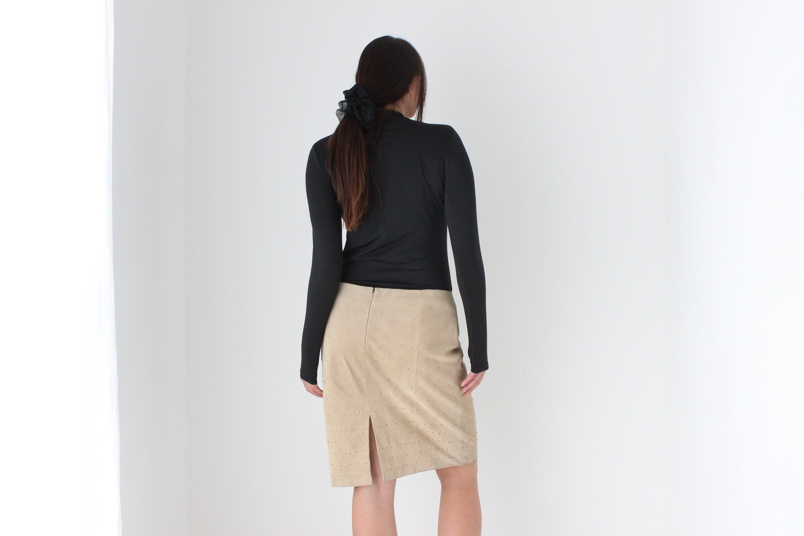 90s Camel Suede Leather Pencil Skirt w/ Studs