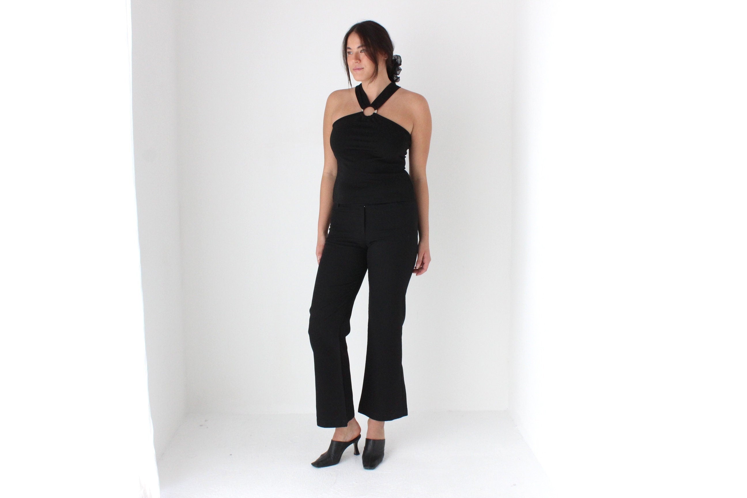 90s 'Blockout' Fitted Black Kick Flare Trousers