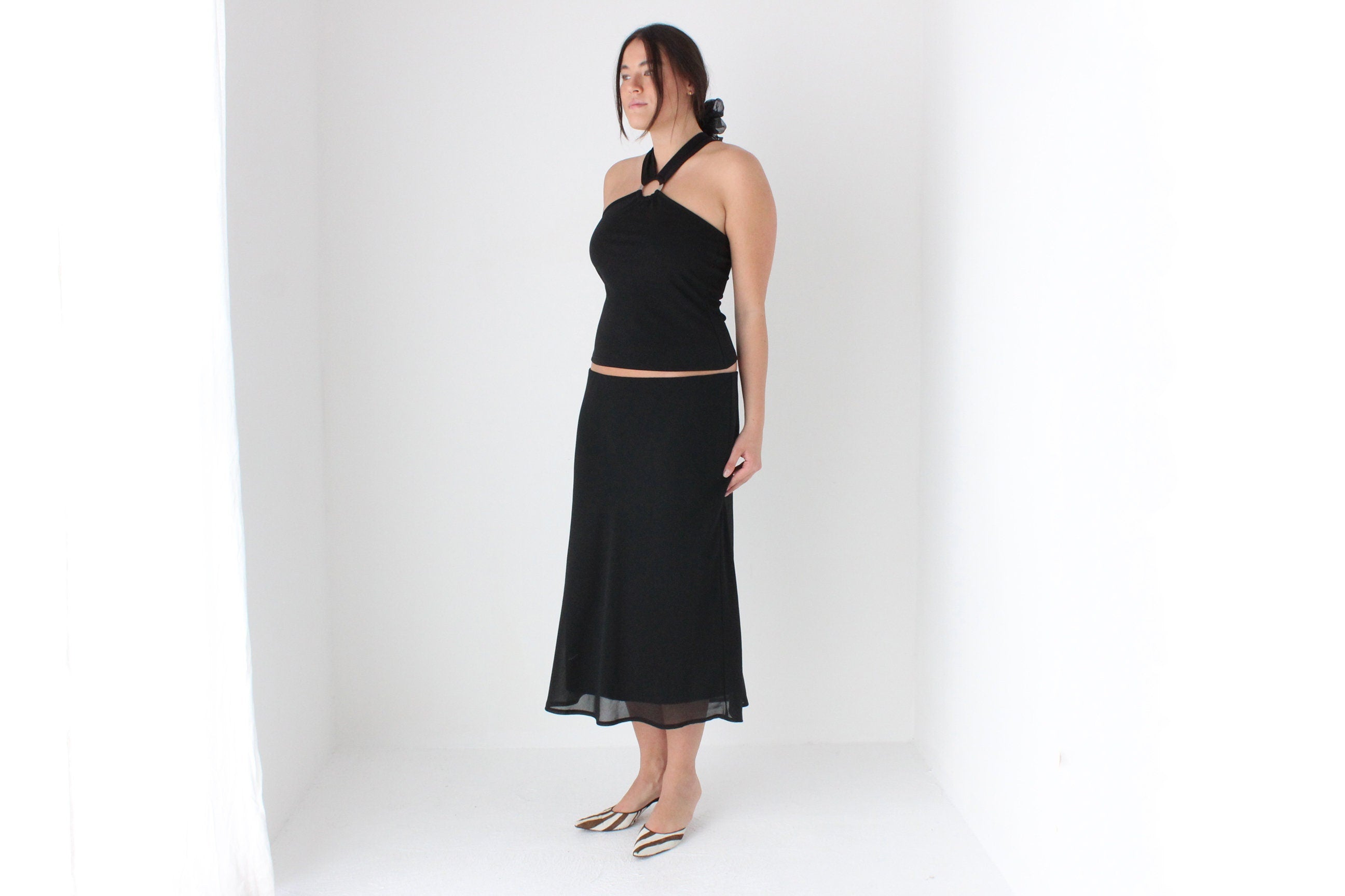 90s Minimal Layered Mesh Slip On Knee Length Skirt