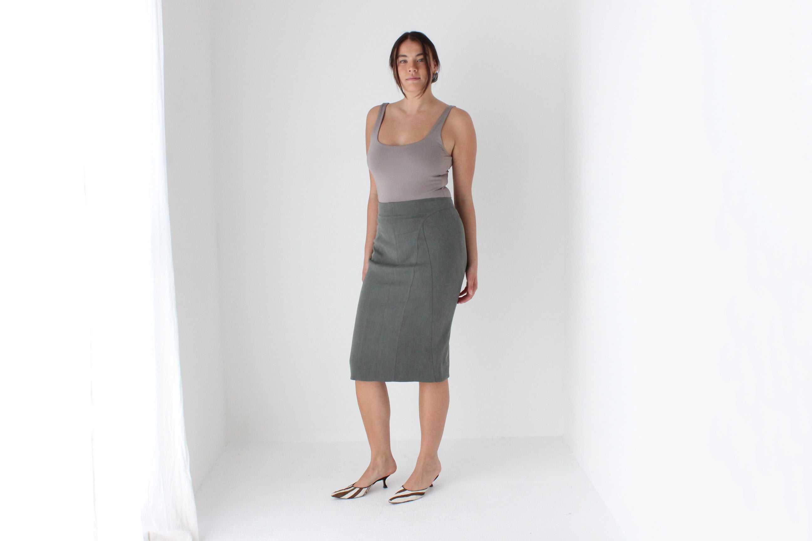 90s Donna Karan Neutral Knee Length Pencil Skirt