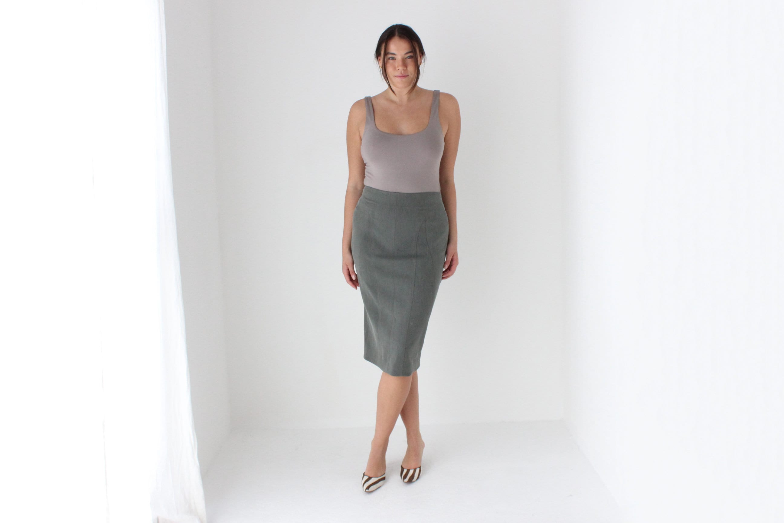 90s Donna Karan Neutral Knee Length Pencil Skirt