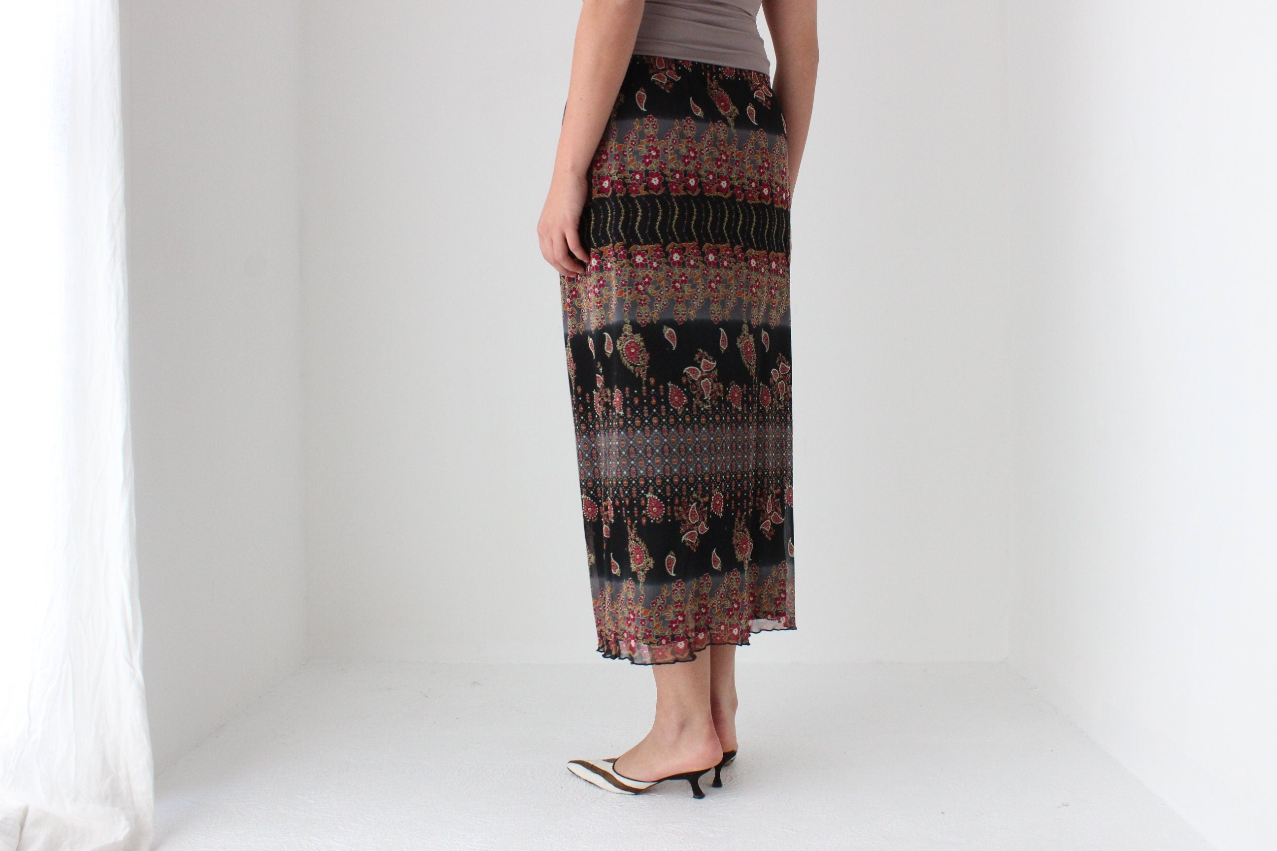 90s Printed Paisley Mesh Slip On Skirt