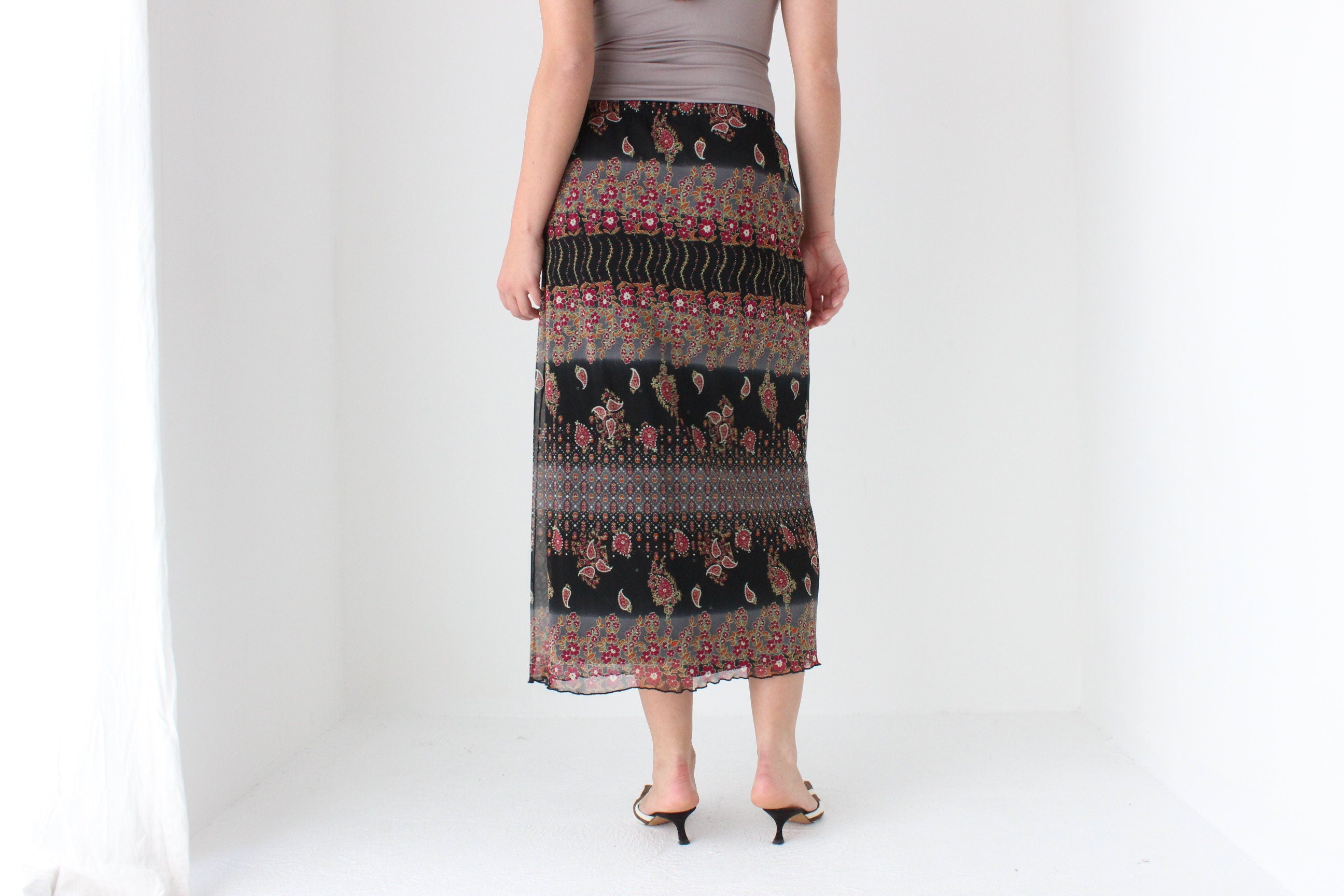 90s Printed Paisley Mesh Slip On Skirt