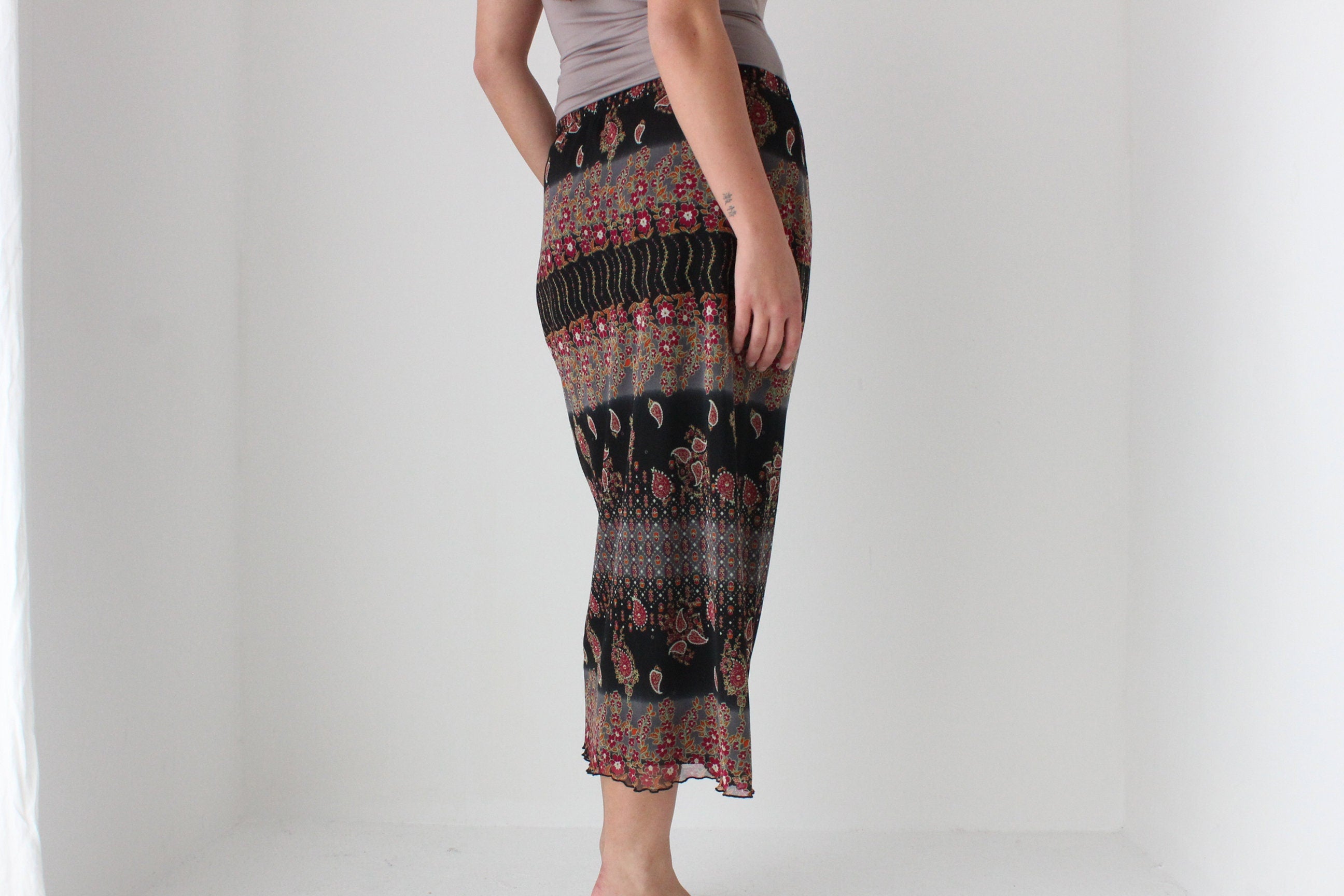 90s Printed Paisley Mesh Slip On Skirt