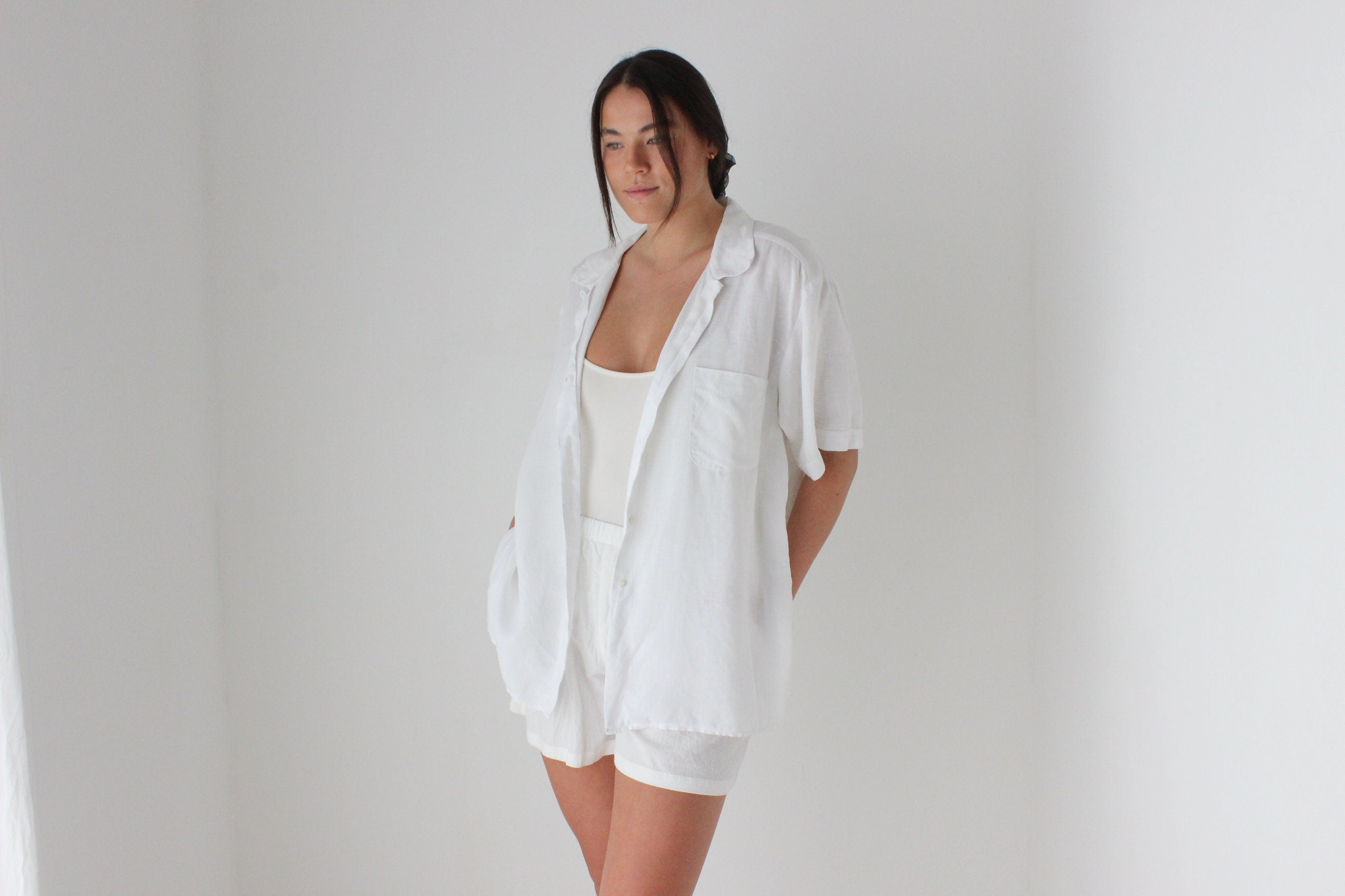 90s XL Crisp Quality White Linen Boxy Shirt