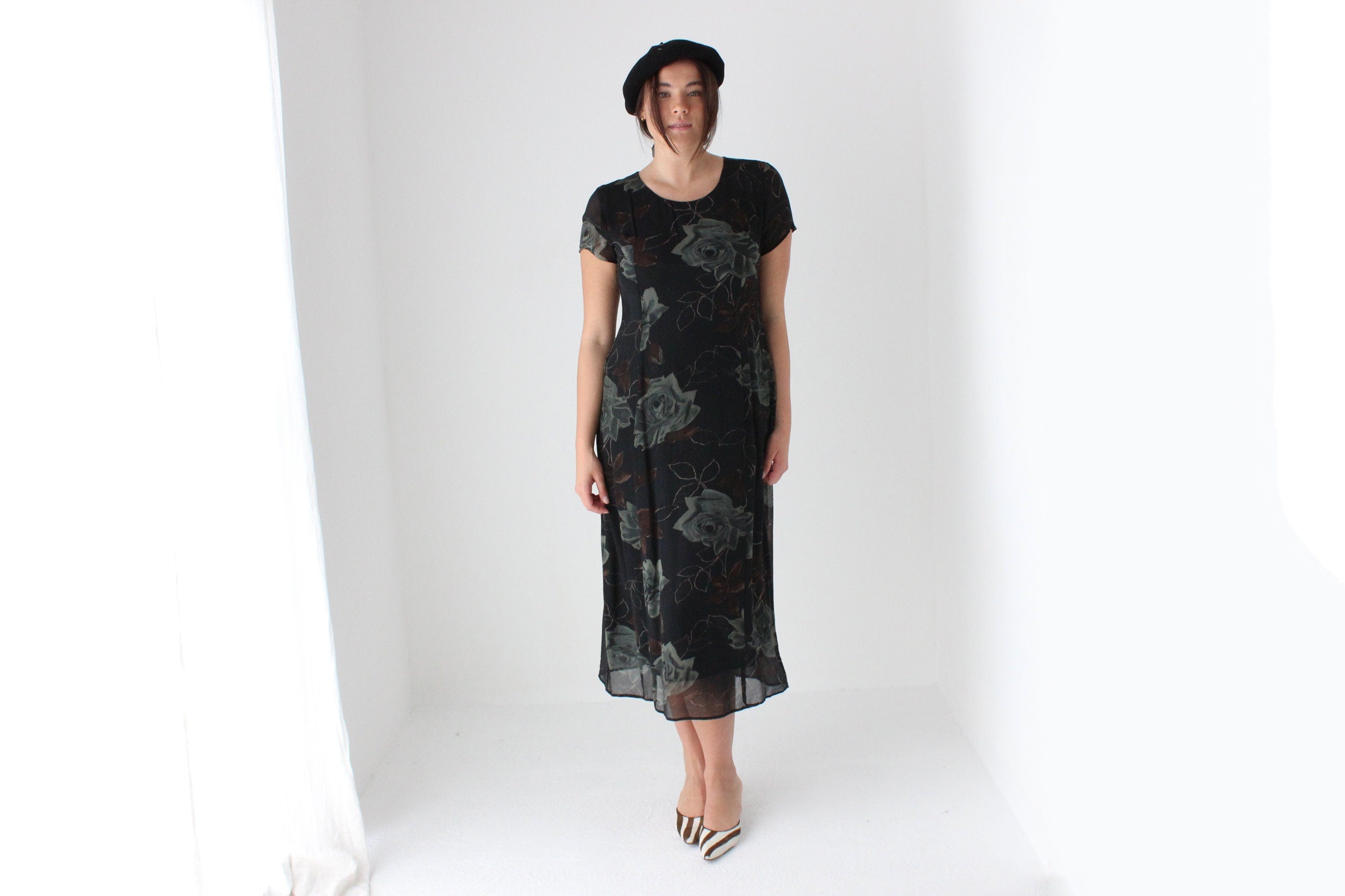 90s Pure Silk Floral Rose Relaxed Tee Dress