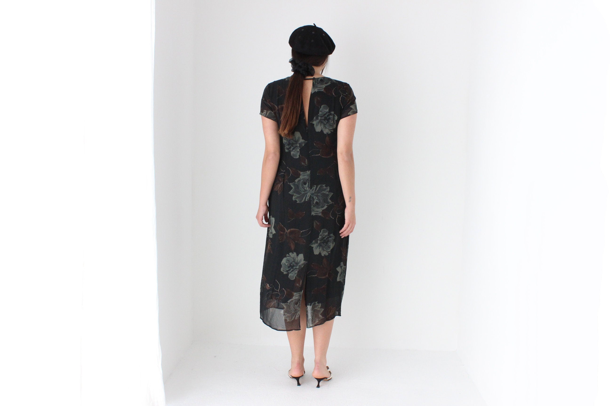 90s Pure Silk Floral Rose Relaxed Tee Dress