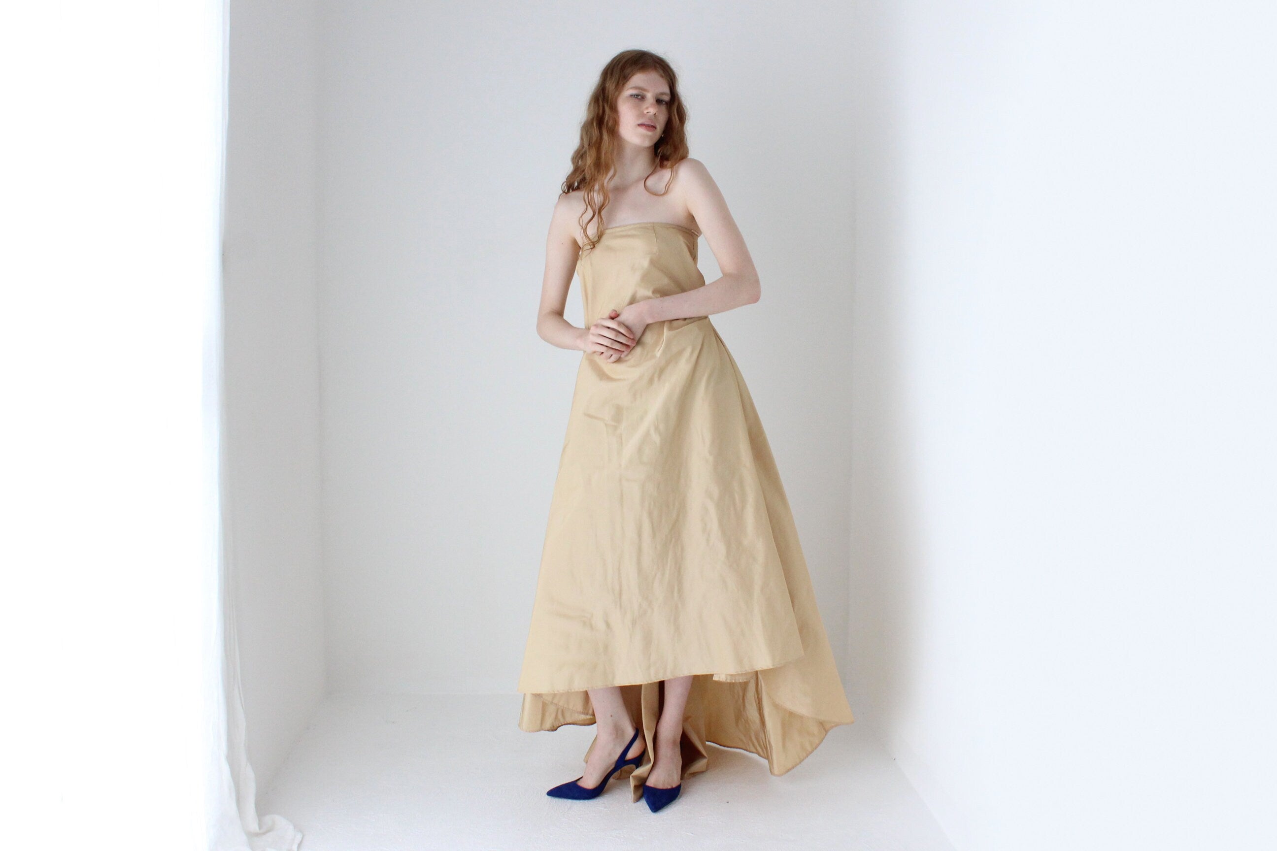 1990s Juan Carlos Pinera Silk Taffeta Voluminous Strapless Gown