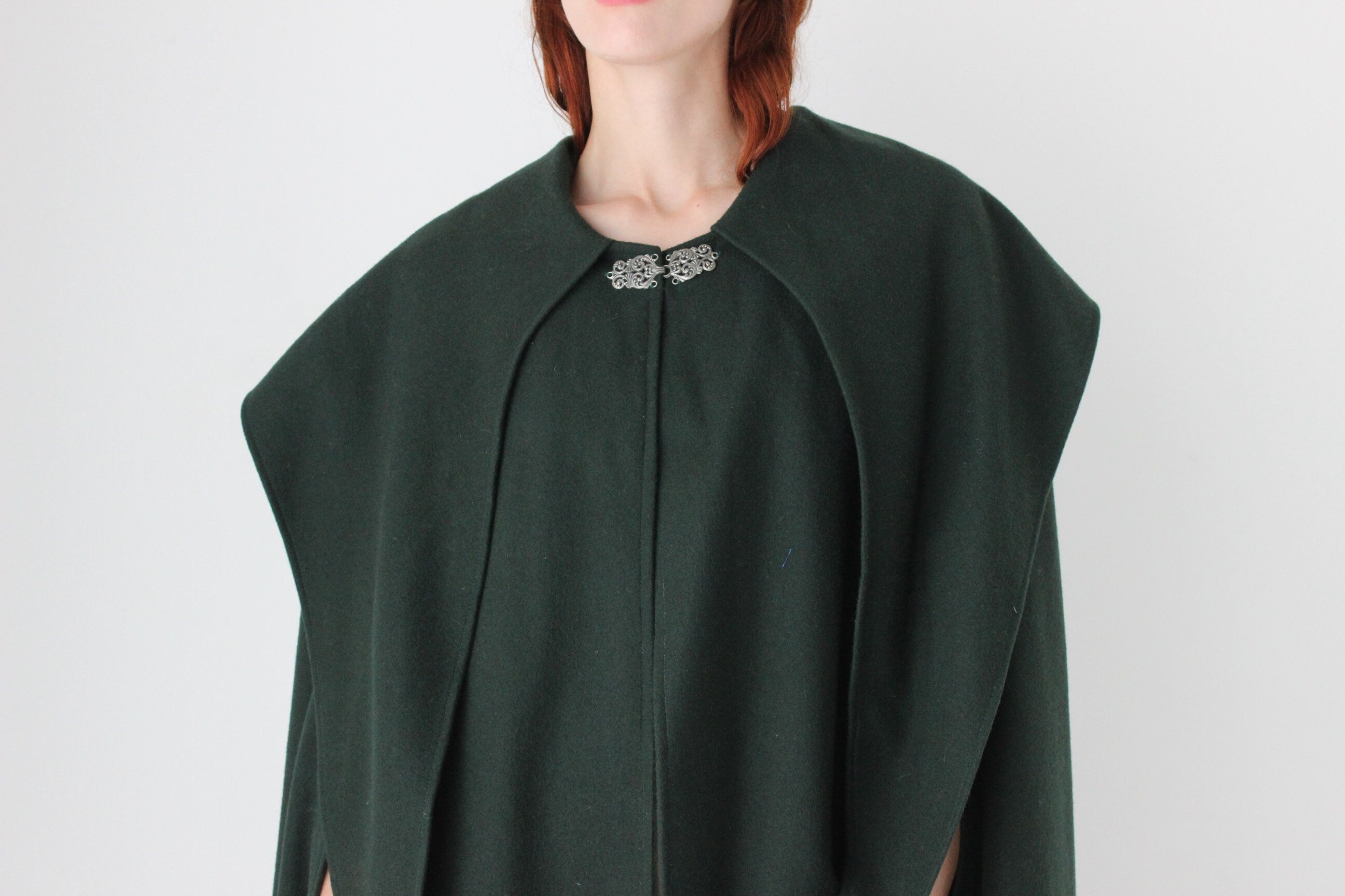 90s Rich Green PURE WOOL Boutique Hooded Cape Coat