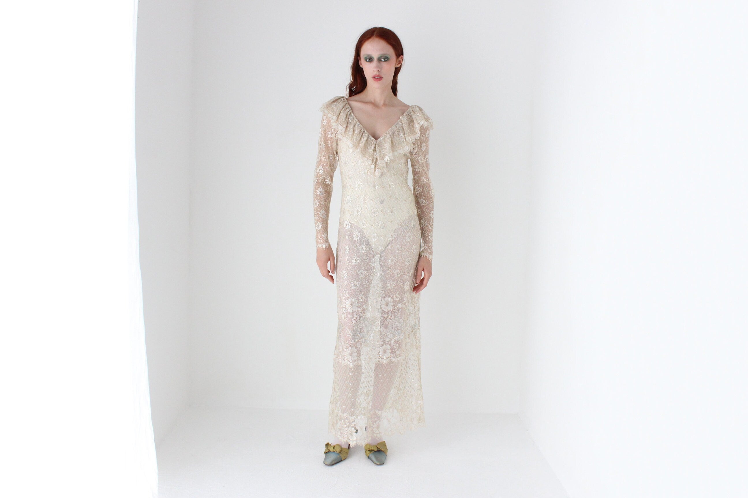 Romantic 1970s Gold Sheer Lace Ruffle Neck Wedding Dress